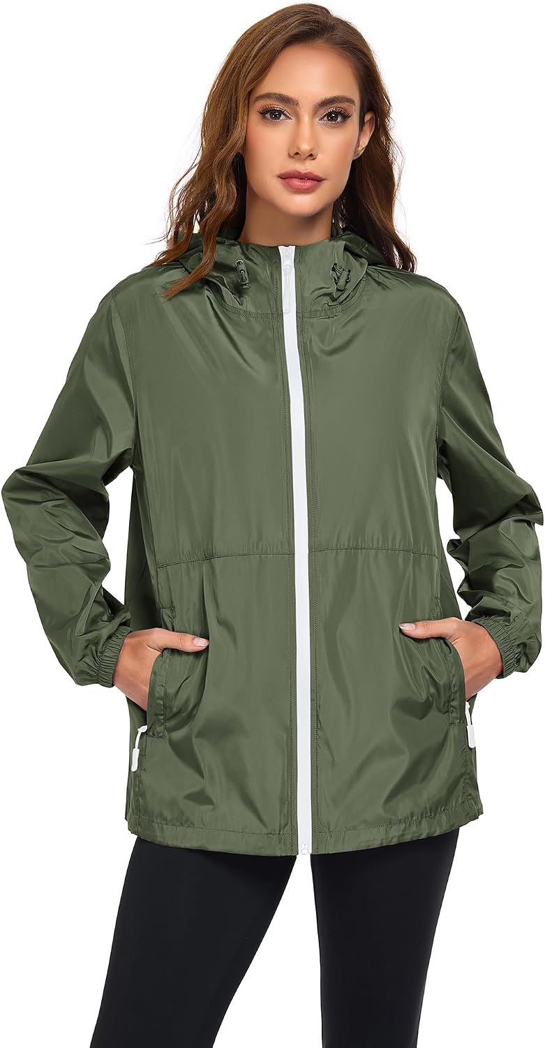 Women's Packable Hooded Rain Jacket Waterproof Army Green