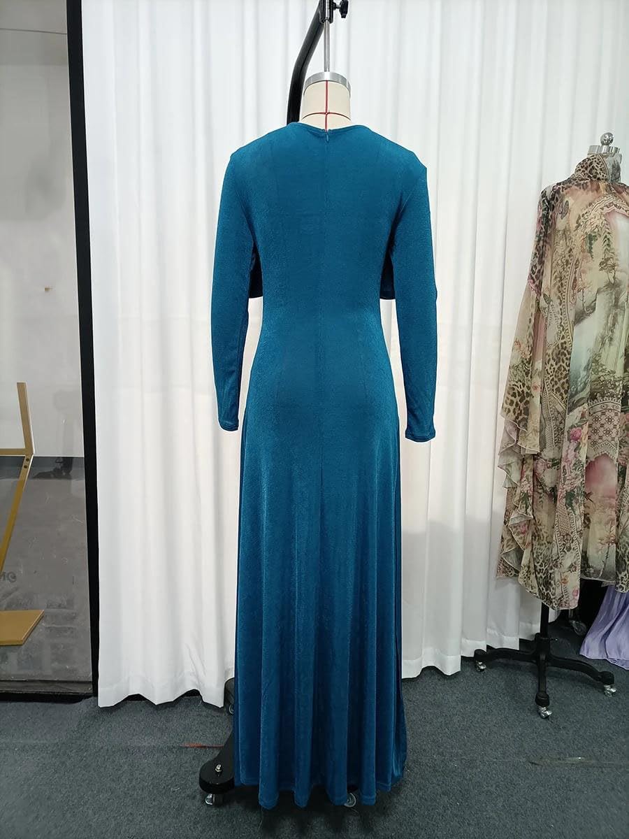 Women's Draped Ruched Maxi Dress Long Sleeve Teal Blue