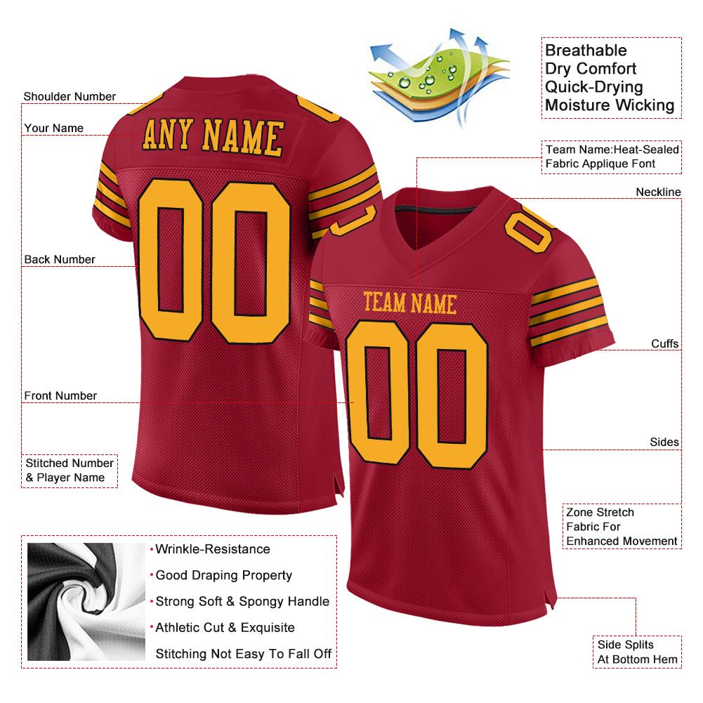 Benutzerdefiniertes Cardinal Gold-Schwarzes authentisches Mesh-Fußballtrikot im klassischen Stil