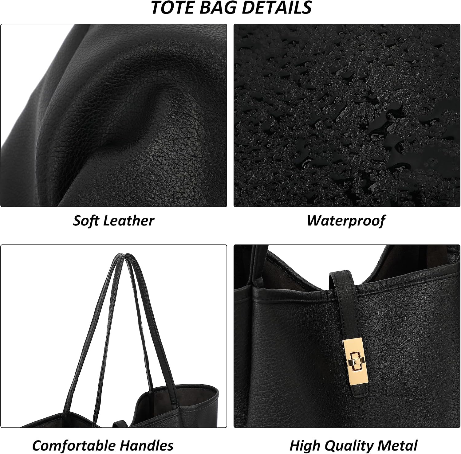 Women's Vegan Leather Turn-Lock Tote Handbag, Black Women's Vegan Leather Turn-Lock Tote Handbag, Black