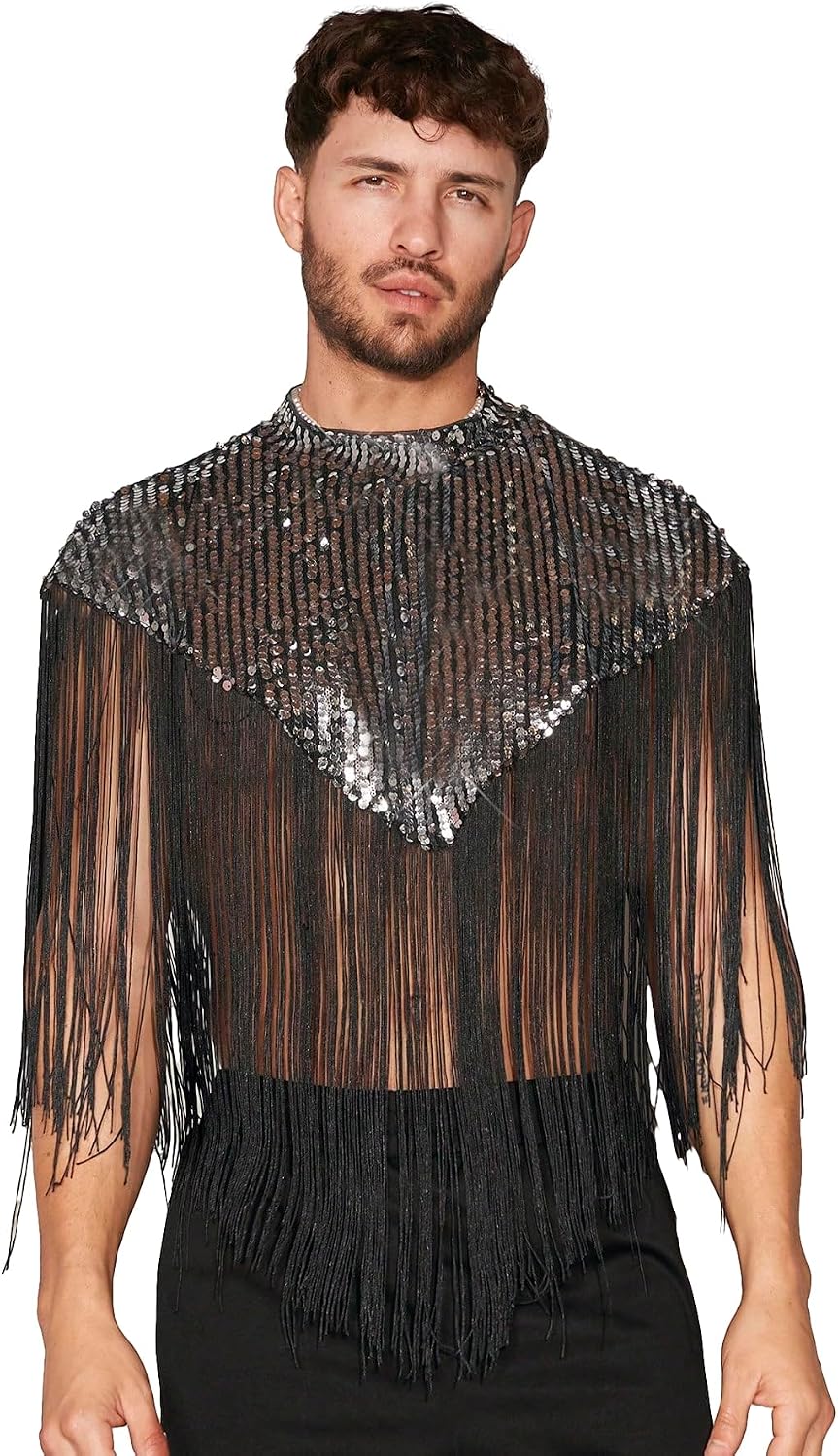 Men's Sequin Fringe Mock Neck Vest Top Black