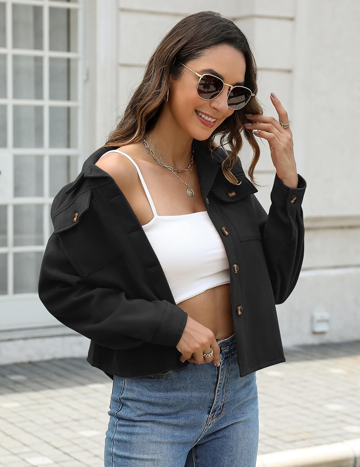 Flannels for Women Cropped Shacket Jacket Fashion Plaid Fall Coat Button down crop outfits winter outwear