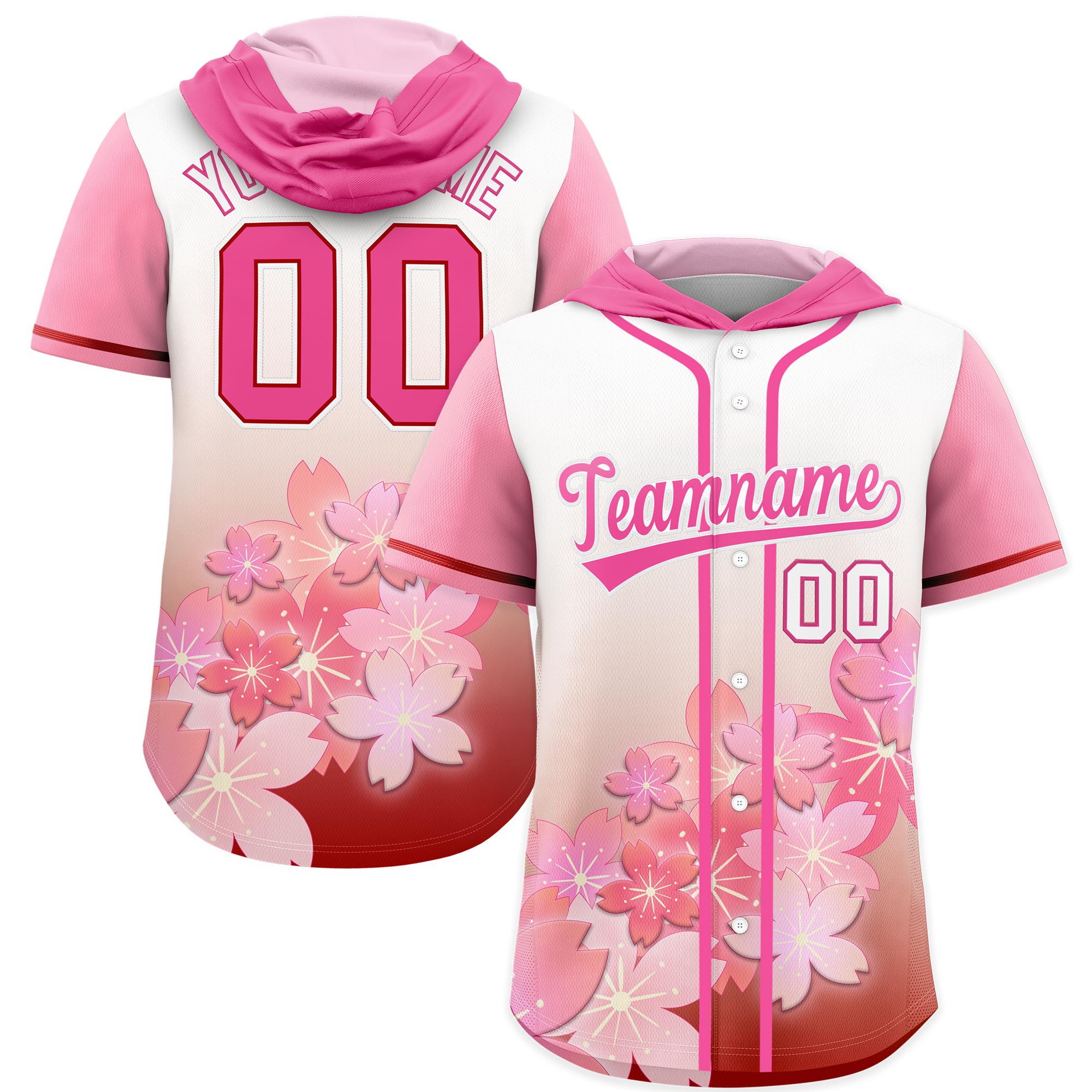 Benutzerdefiniertes Kirschblüten-Raglanärmel-atmungsaktives Baseball-Kapuzentrikot Benutzerdefiniertes Kirschblüten-Raglanärmel-atmungsaktives Baseball-Kapuzentrikot