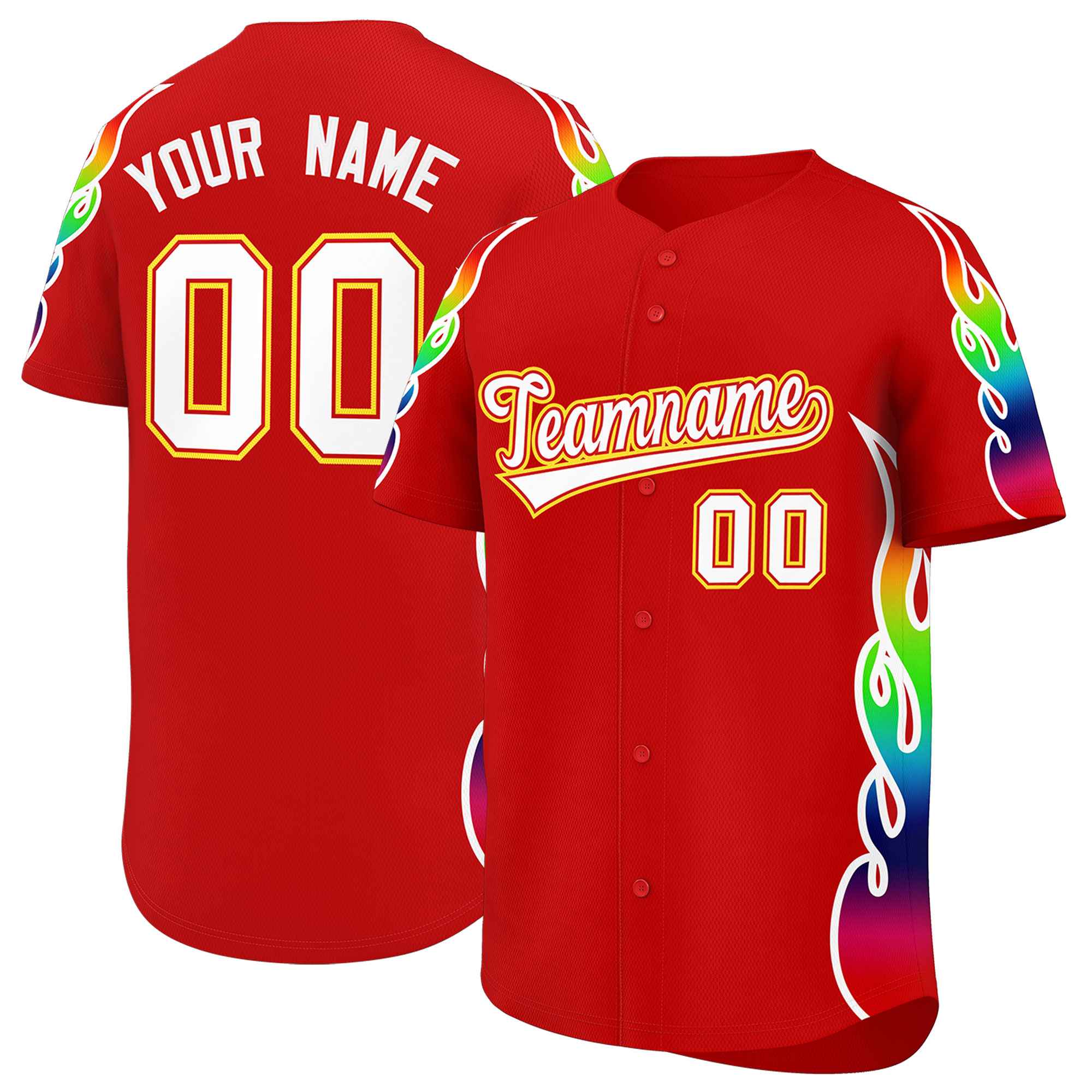 Benutzerdefiniertes Graffiti-Muster, personalisierter mehrfarbiger Flammendruck, authentisches Baseball-Trikot