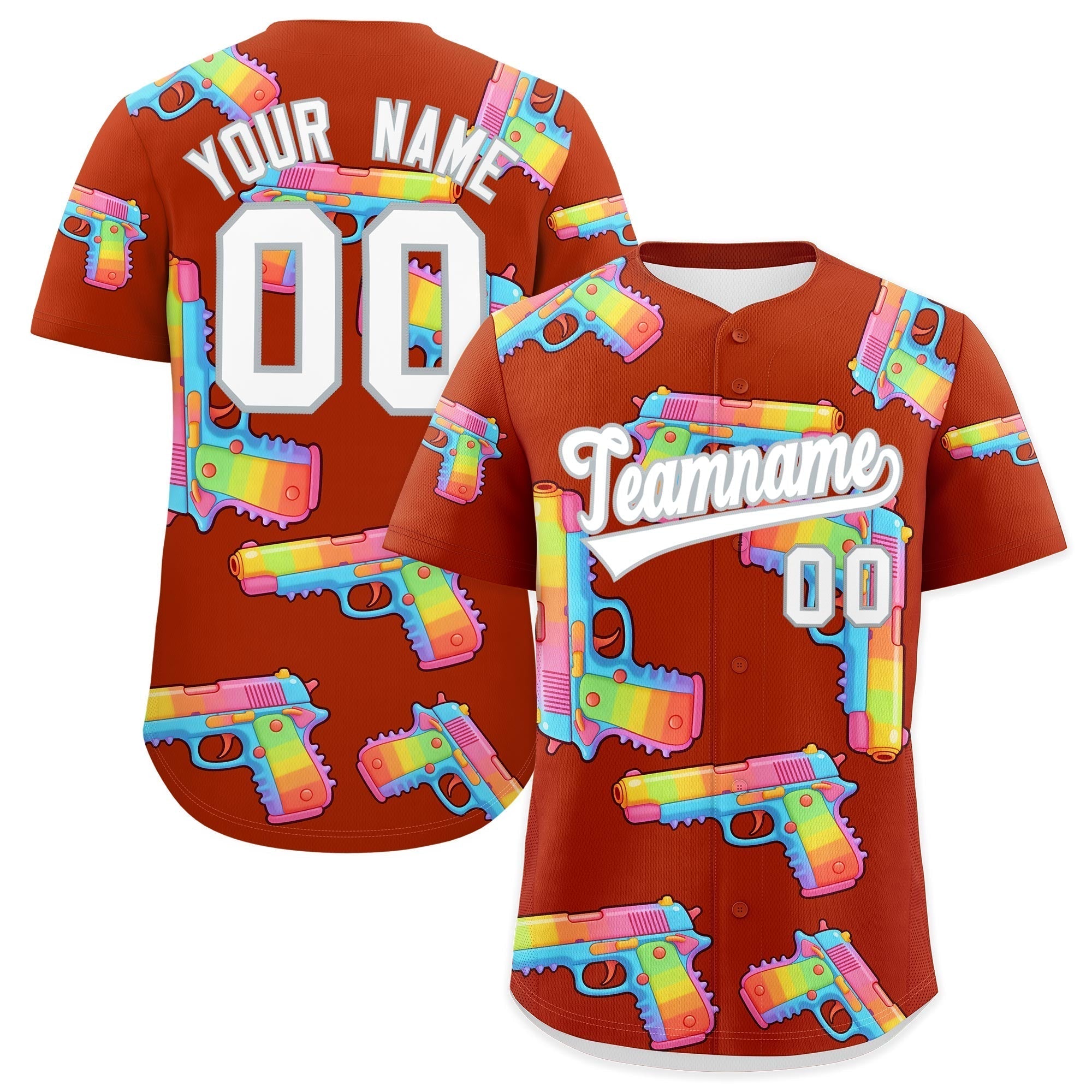 Benutzerdefiniertes dunkelorange-weißes, mit Zucker überzogenes, knitterfreies Baseball-Trikot mit Feuerkraft-Graffiti-Muster
