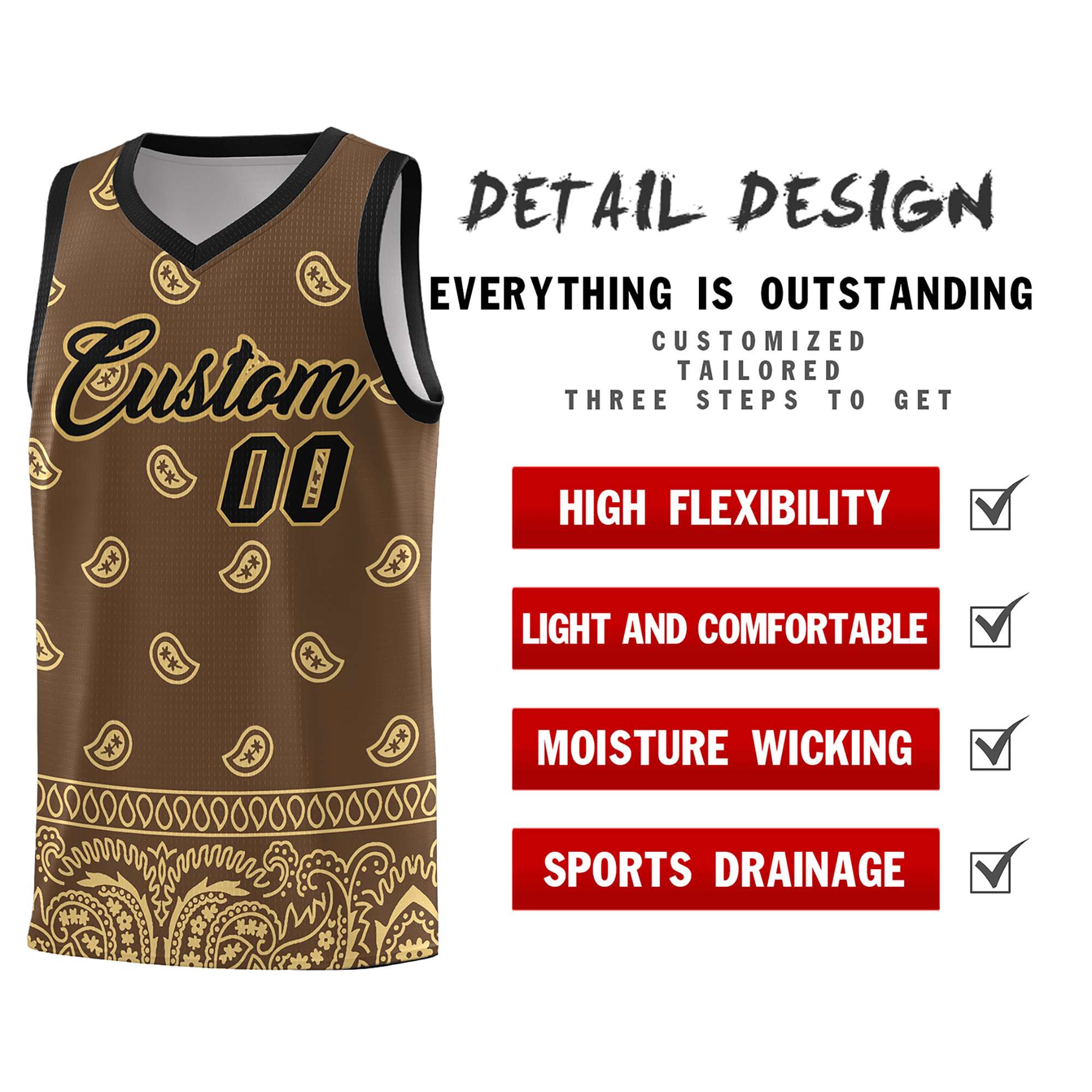 Benutzerdefiniertes hellbraunes, khakifarbenes, personalisiertes Cashew-Muster-Sportuniform-Basketballtrikot