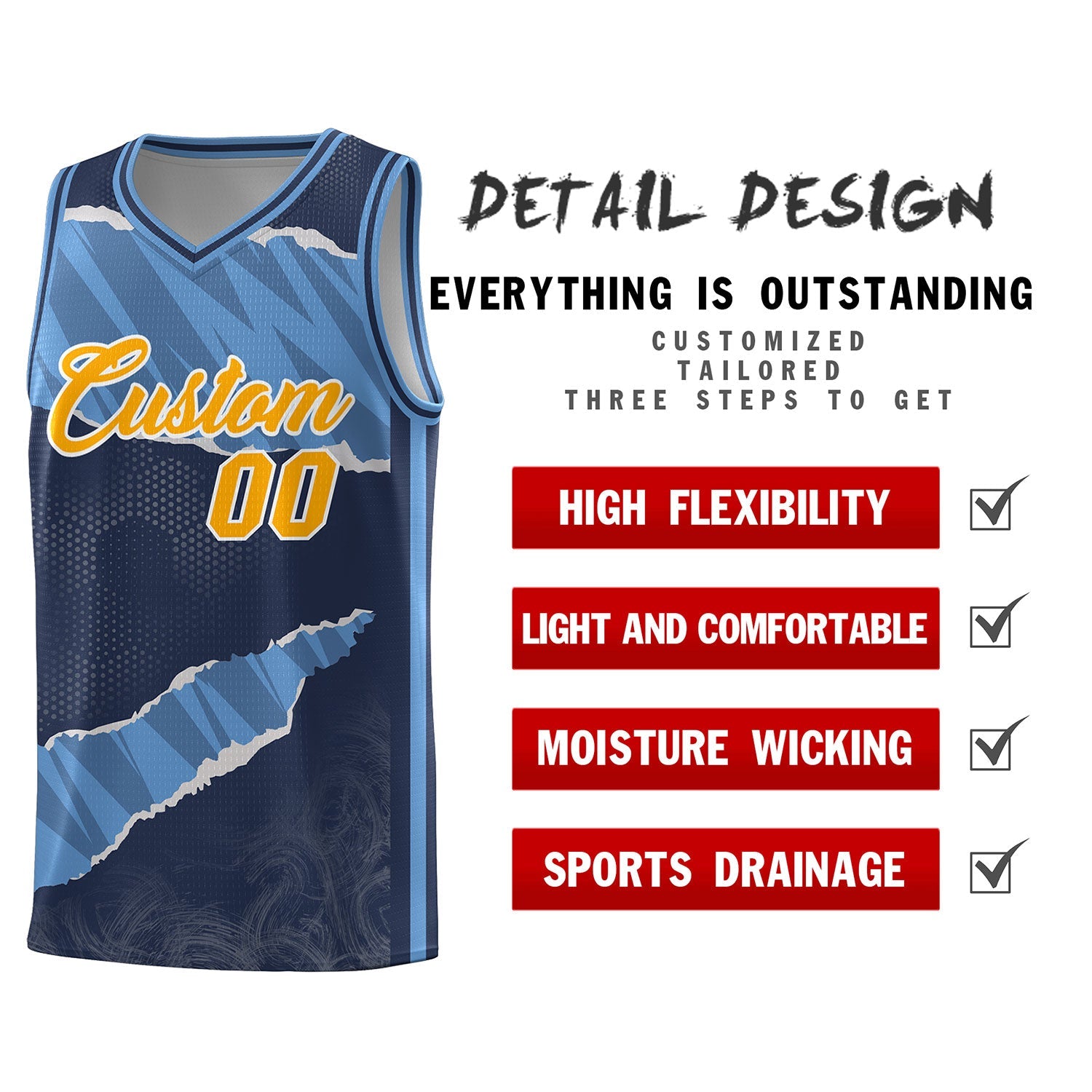 Benutzerdefiniertes Mitternachtsblau Hellblau-Marineblaues Träne-Graffiti-Muster-Sportuniform-Basketballtrikot