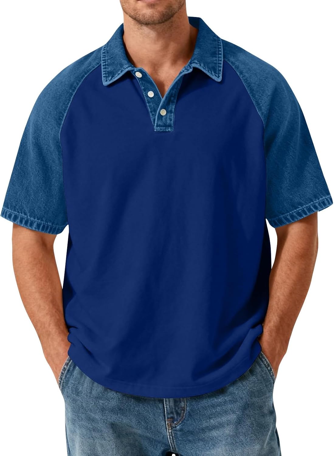Men's Faux Denim Polo Shirt Color Block Blue