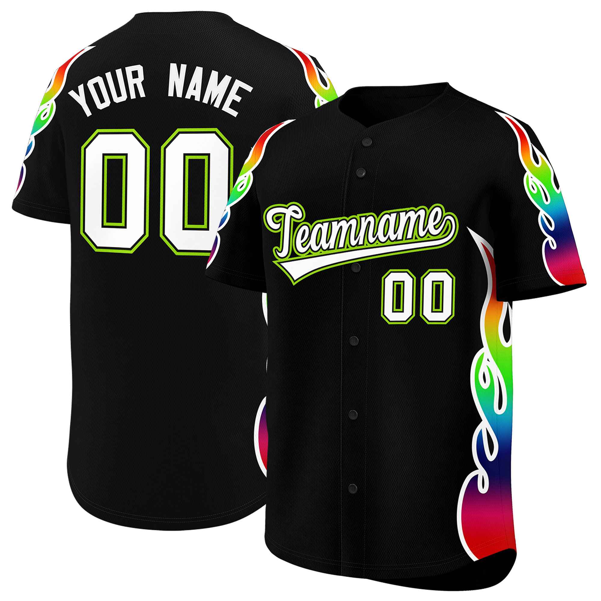 Benutzerdefiniertes Graffiti-Muster, personalisierter mehrfarbiger Flammendruck, authentisches Baseball-Trikot