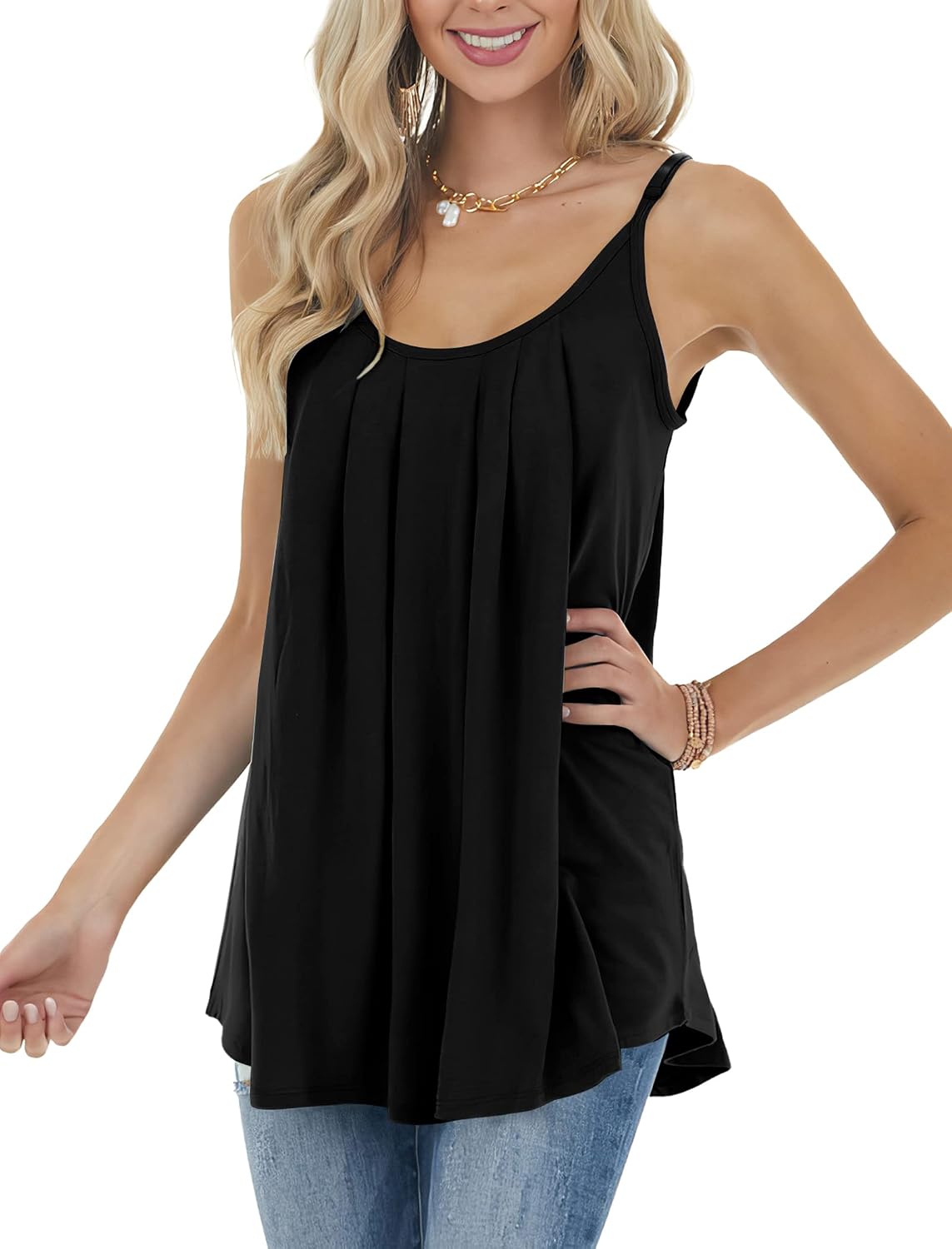 Women's Pleated Front Spaghetti Strap Camisole, Black Women's Pleated Front Spaghetti Strap Camisole, Black
