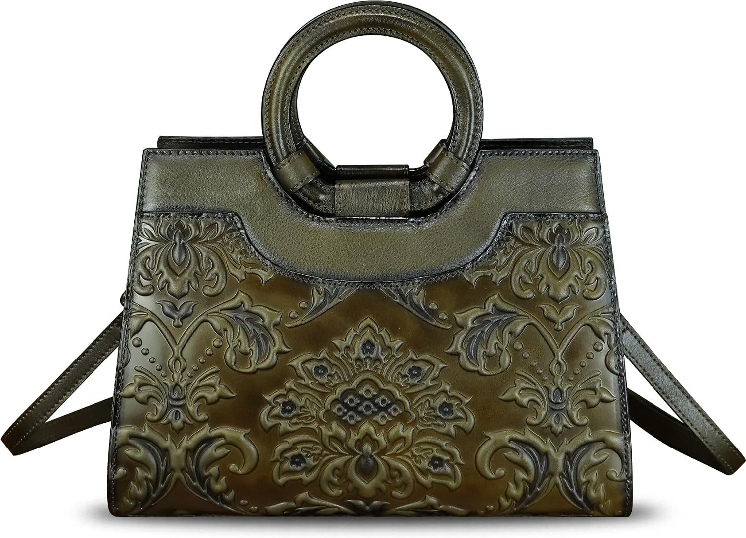 Women's Embossed Floral Leather Top Handle Satchel Olive Women's Embossed Floral Leather Top Handle Satchel Olive