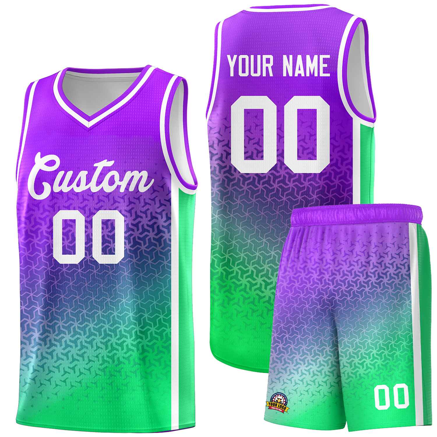 Benutzerdefiniertes fluoreszierendes grünes Farbverlaufsdesign mit unregelmäßigen Formen und Mustern für Sportuniform-Basketballtrikots
