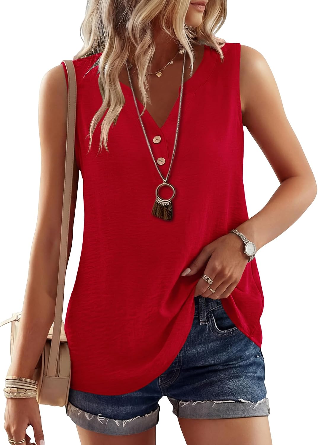 Women's V Neck Button Down Loose Tank, Red