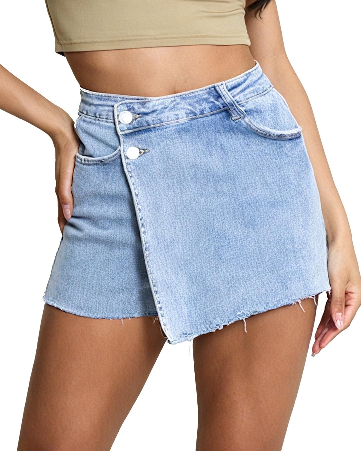 Women's Double Button Wrap Denim Skort Light Blue