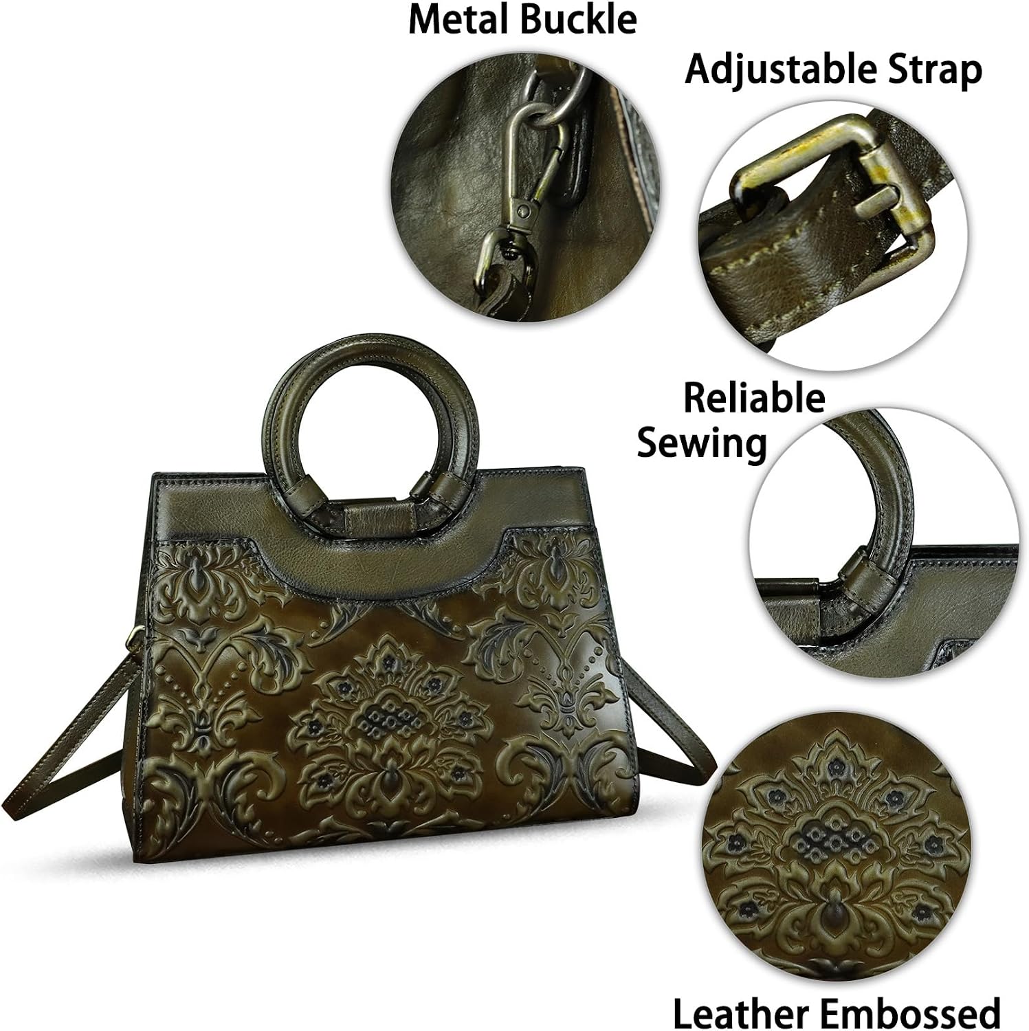Women's Embossed Floral Leather Top Handle Satchel Olive Women's Embossed Floral Leather Top Handle Satchel Olive