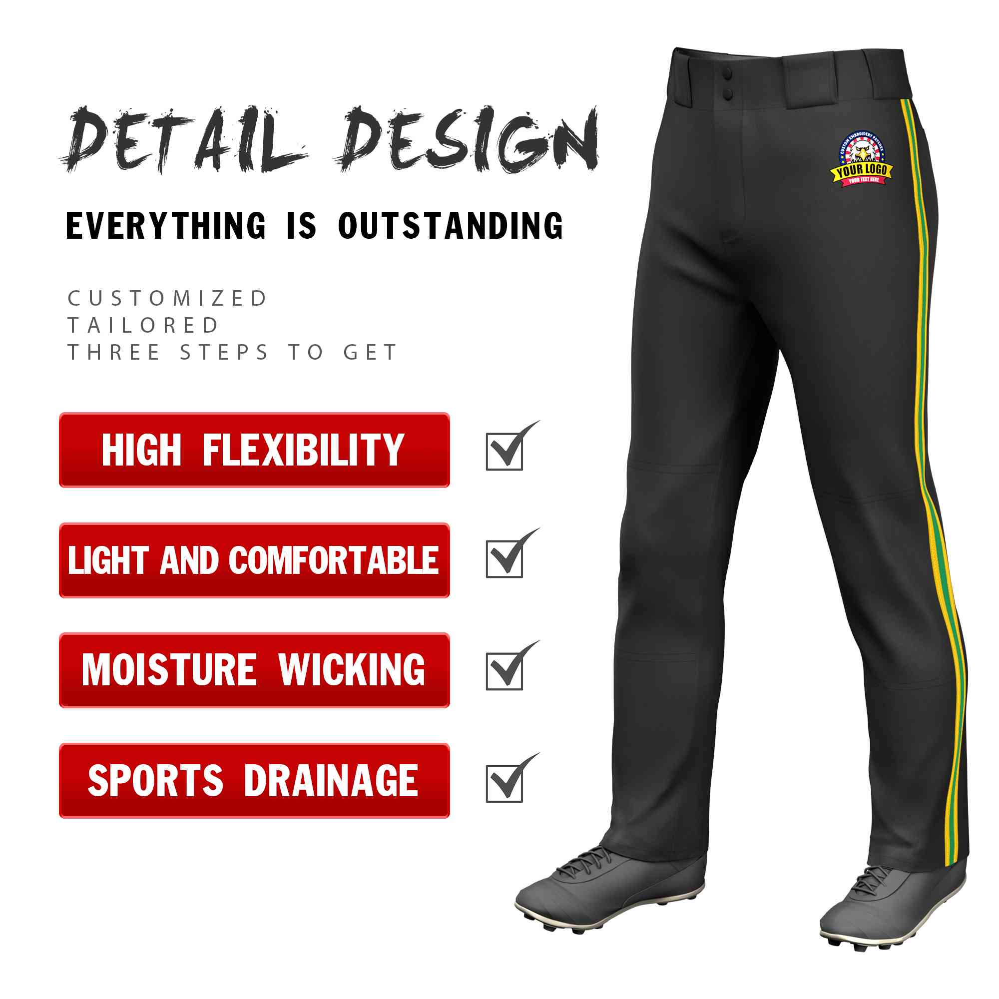 Custom Kelly Green-Gold Classic Fit Stretch Practice Loose-fit Baseball Pants