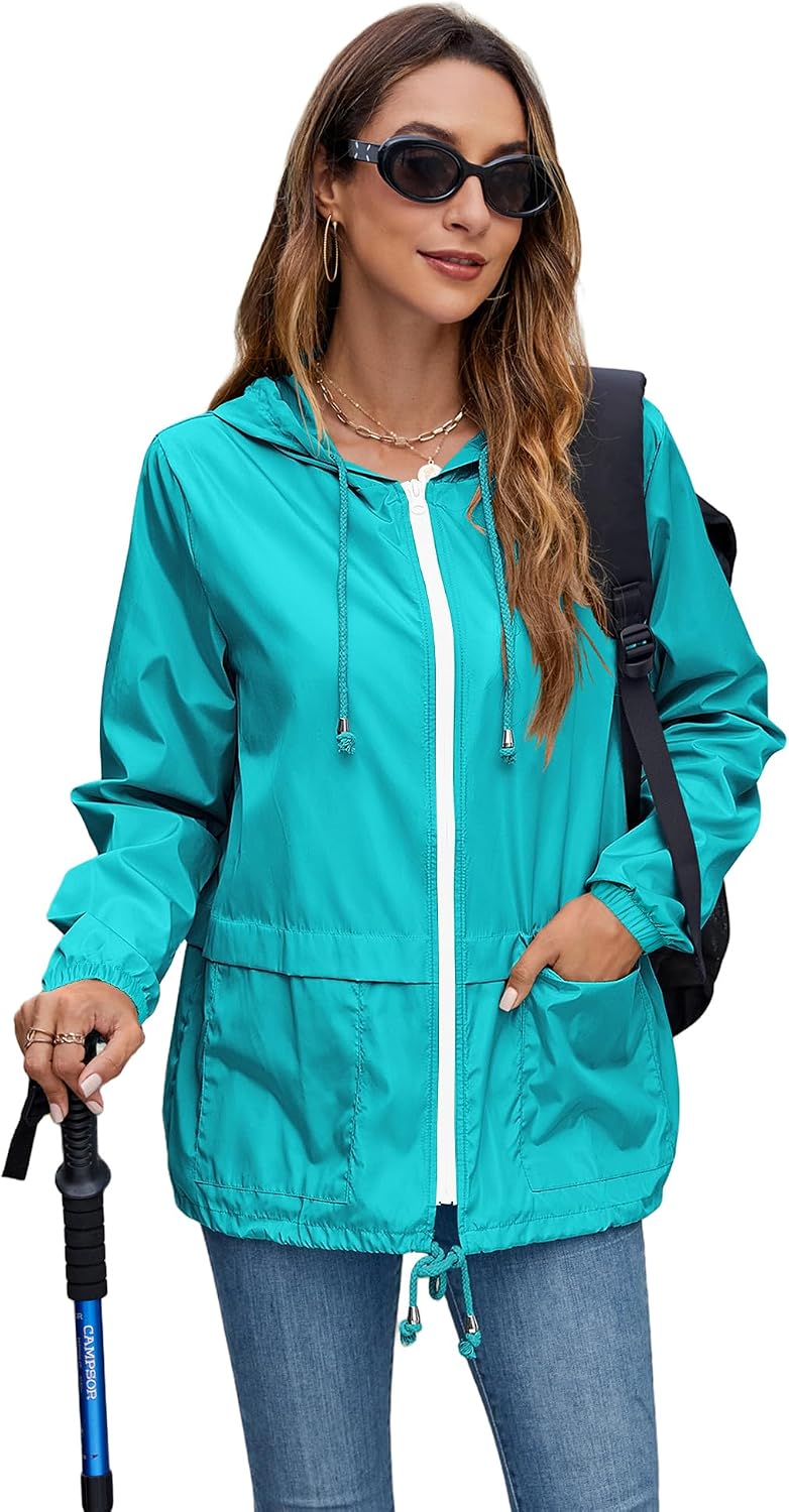 Women's Packable Hooded Rain Jacket Waterproof Teal