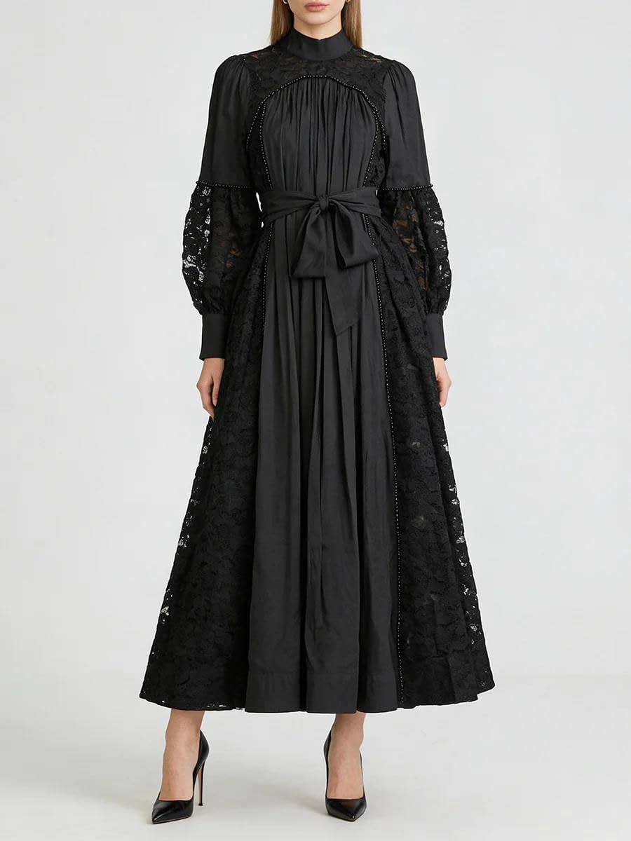 Women's Lace Patchwork Maxi Dress Lantern Sleeve Tie Waist