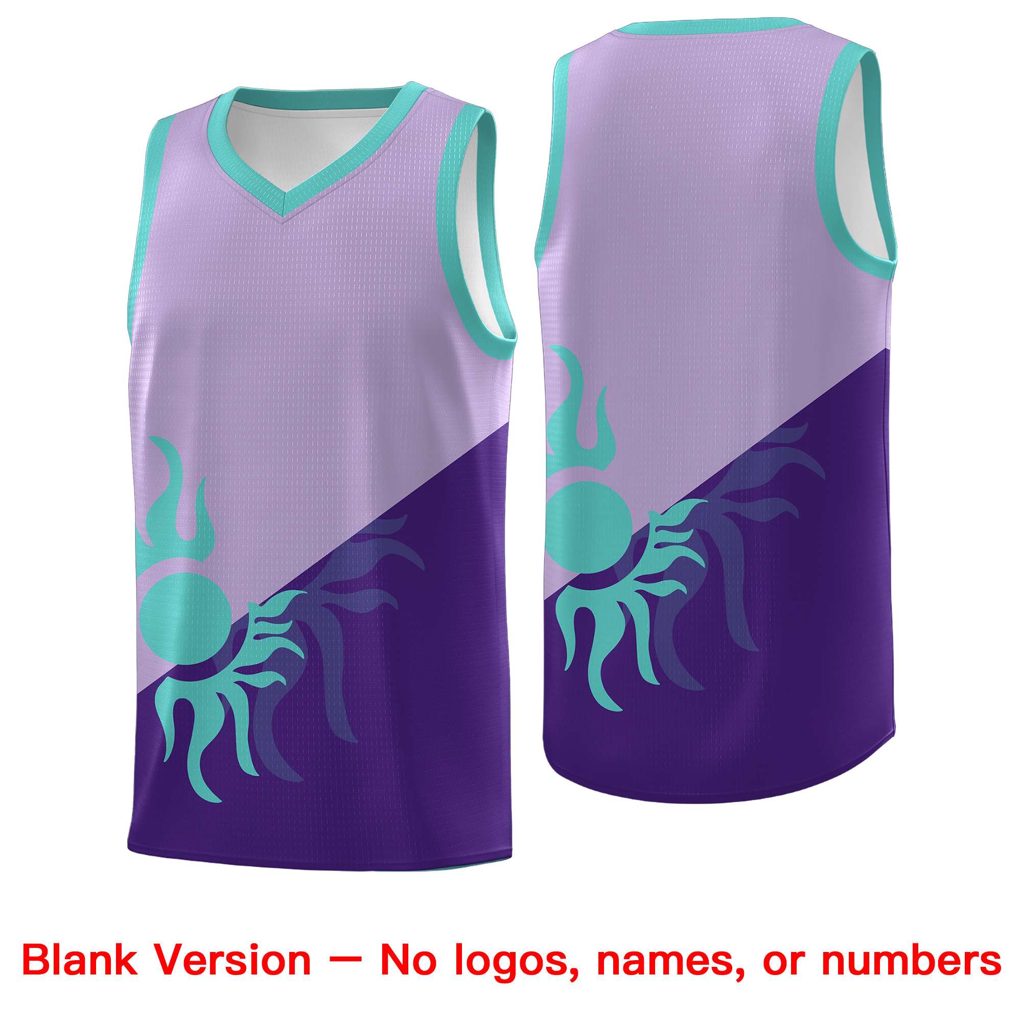 Maßgeschneidertes, zweifarbiges, atmungsaktives, einheitliches Basketballtrikot im Sunburst-Design in Helllila