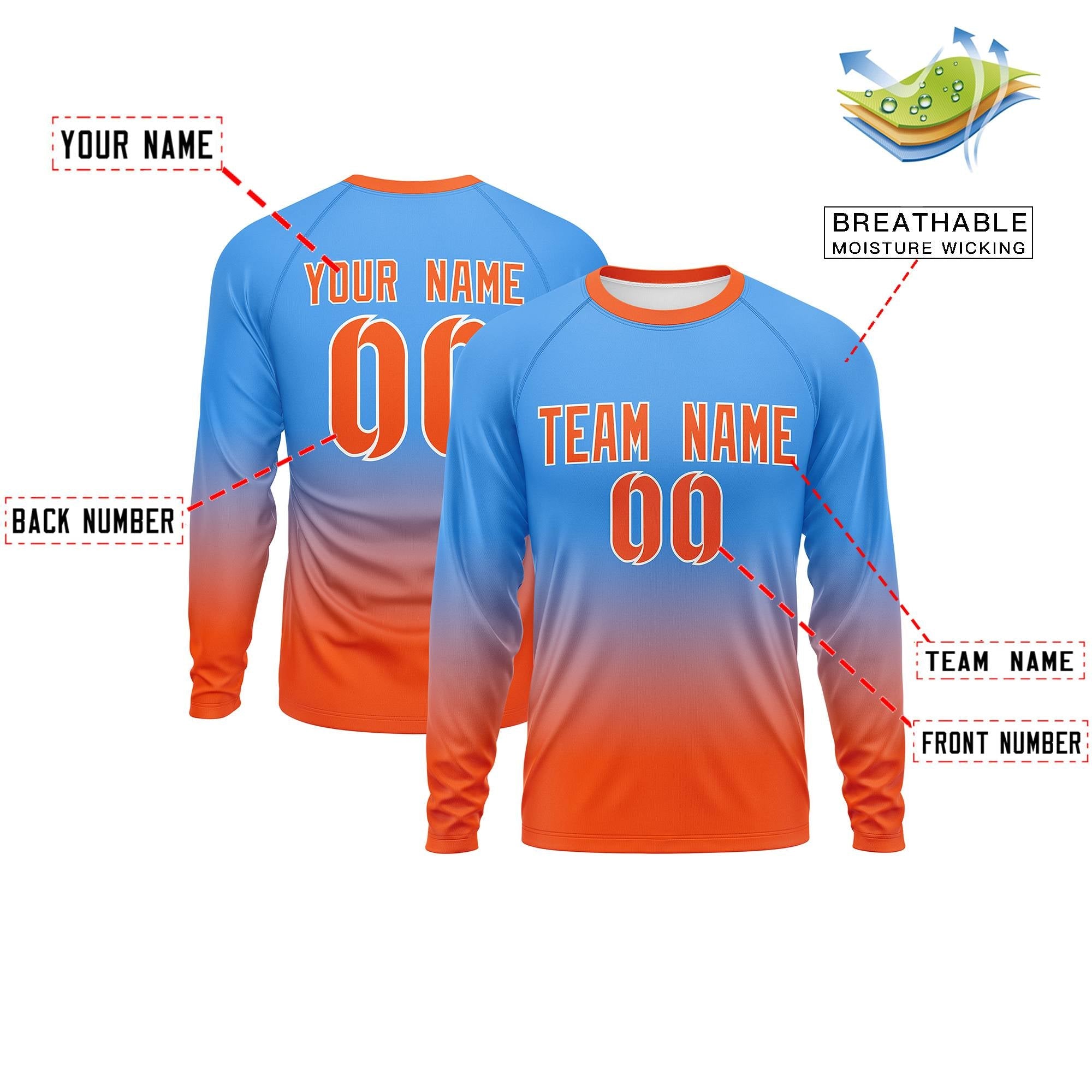 Benutzerdefiniertes Langarm-Performance-T-Shirt mit Farbverlauf in Puderblau-Orange