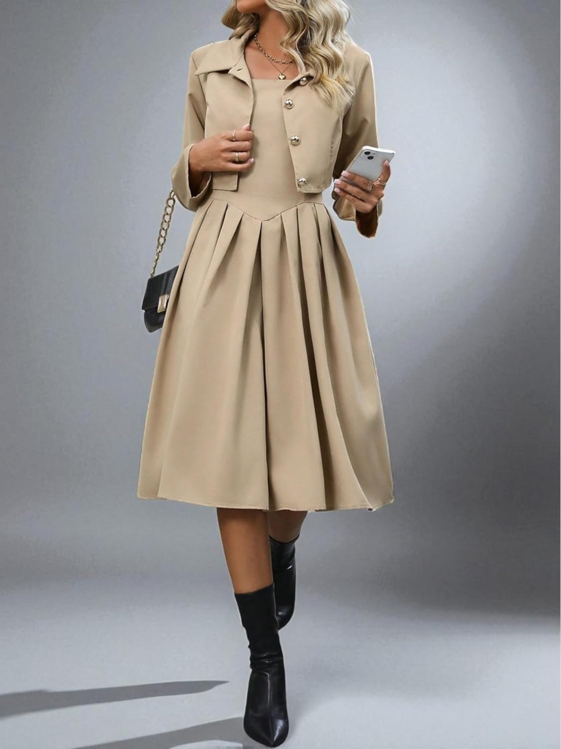 Women's Blazer Dress 2-Piece Set Pleated Square Neck Khaki