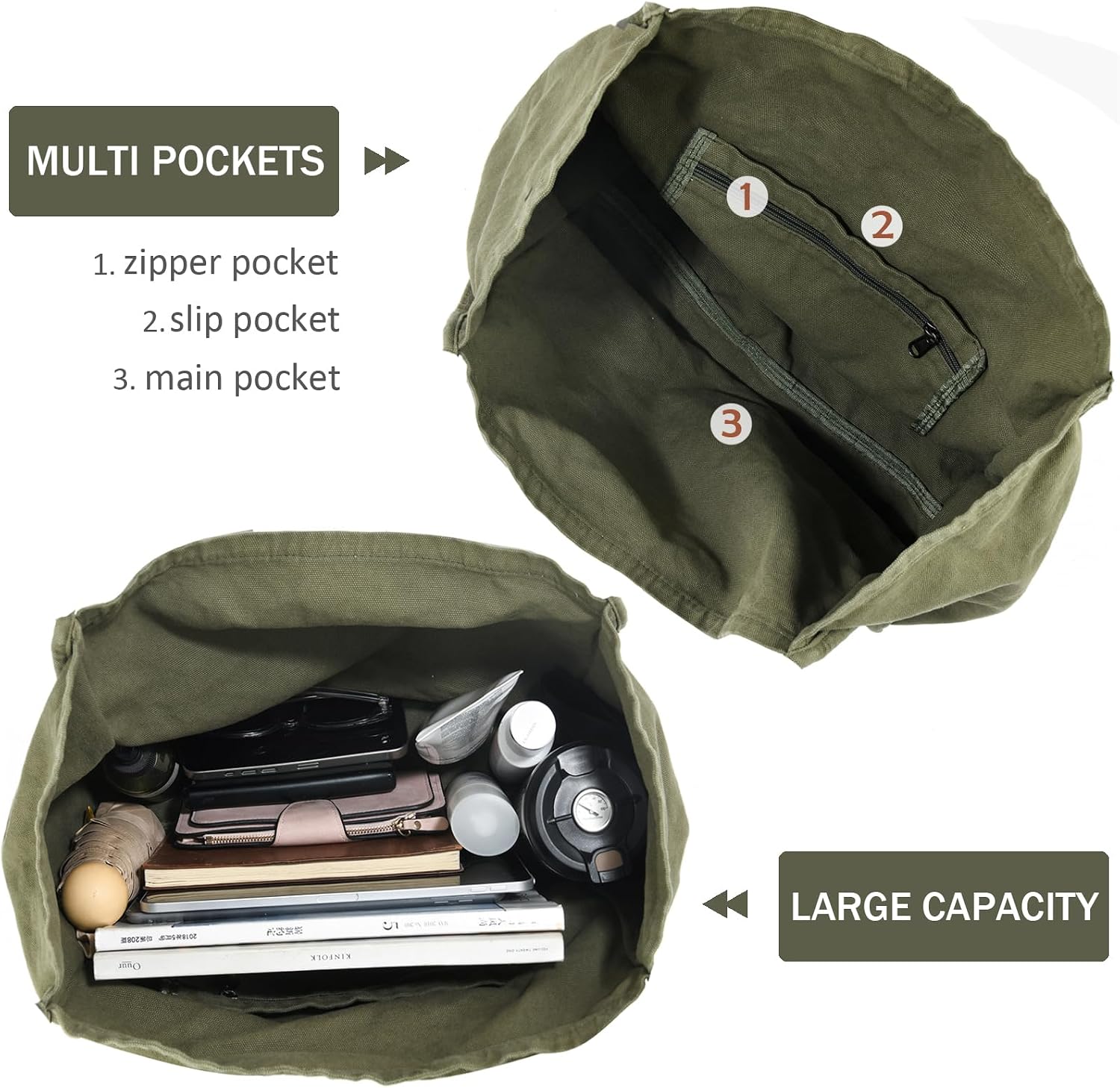 Women's Canvas Hobo Tote Bag Olive Black Brown Women's Canvas Hobo Tote Bag Olive Black Brown