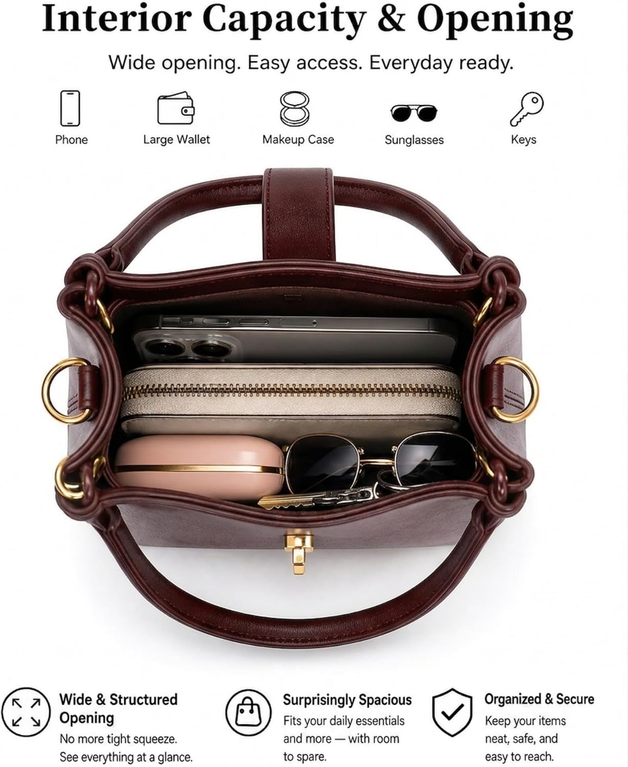 Women's Vegan Leather Bucket Bag with Cherry Charm Burgundy