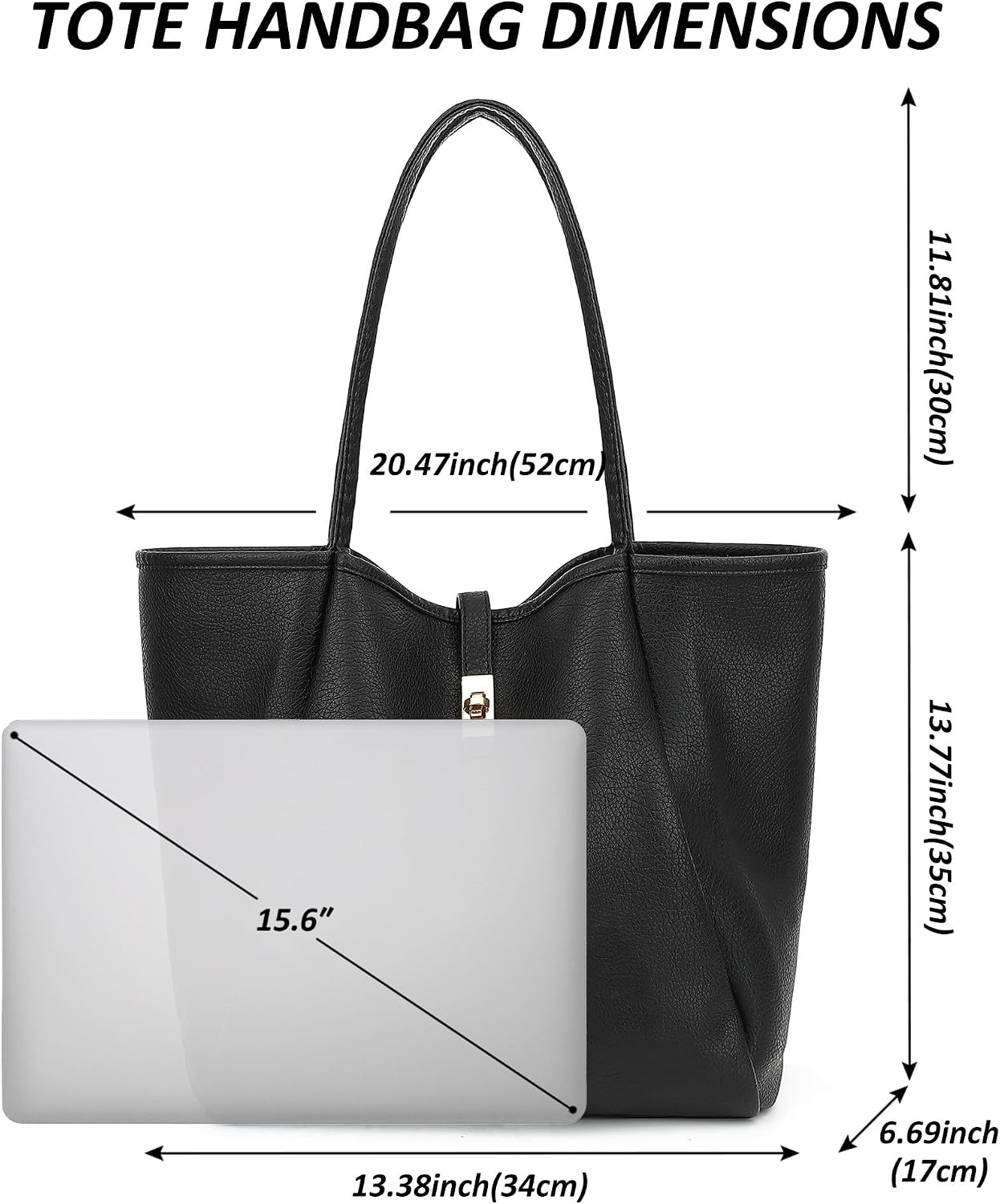 Women's Vegan Leather Turn-Lock Tote Handbag, Black Women's Vegan Leather Turn-Lock Tote Handbag, Black