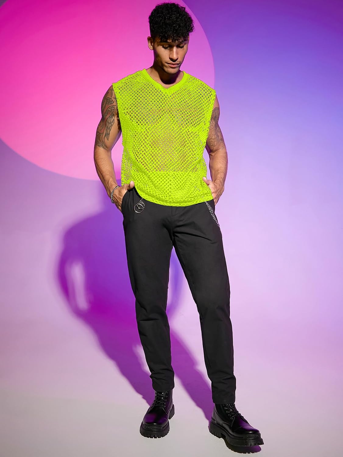 Men's Crochet Hollow Out Tank Top Neon Green