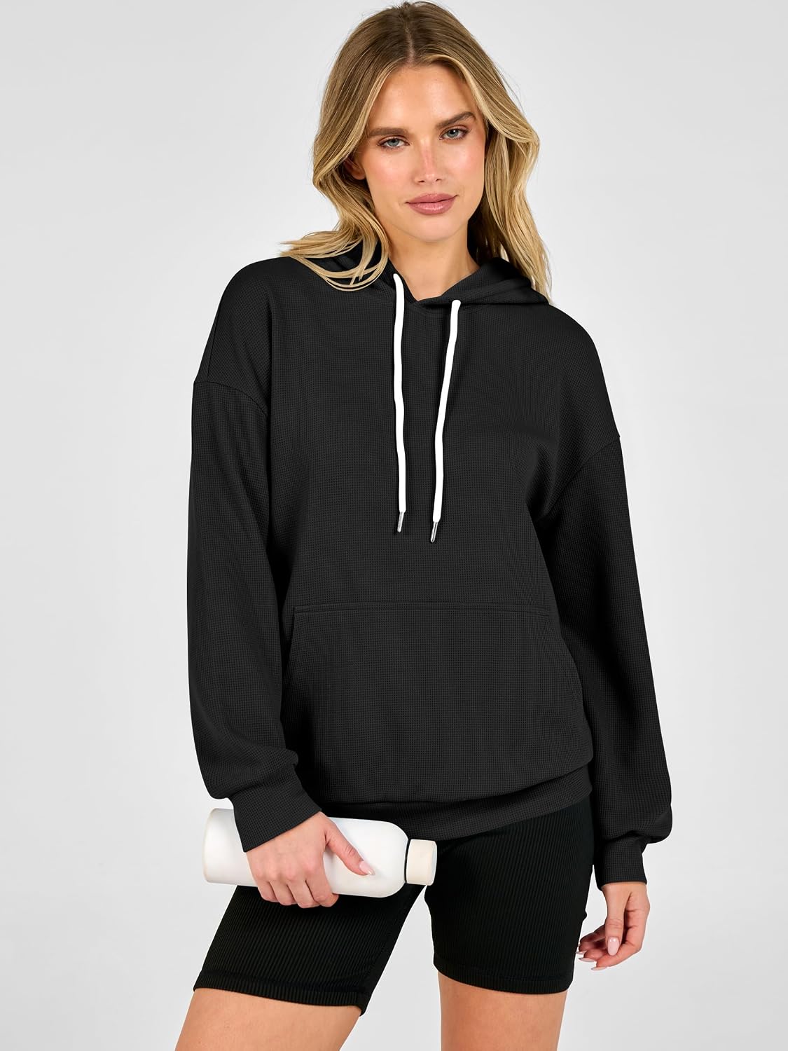 Women's Waffle Knit Hoodie Loose Fit Sweatshirts Drawstring Pullover Tops with Pocket Travel Wear Clothes Fall Winter Outfits
