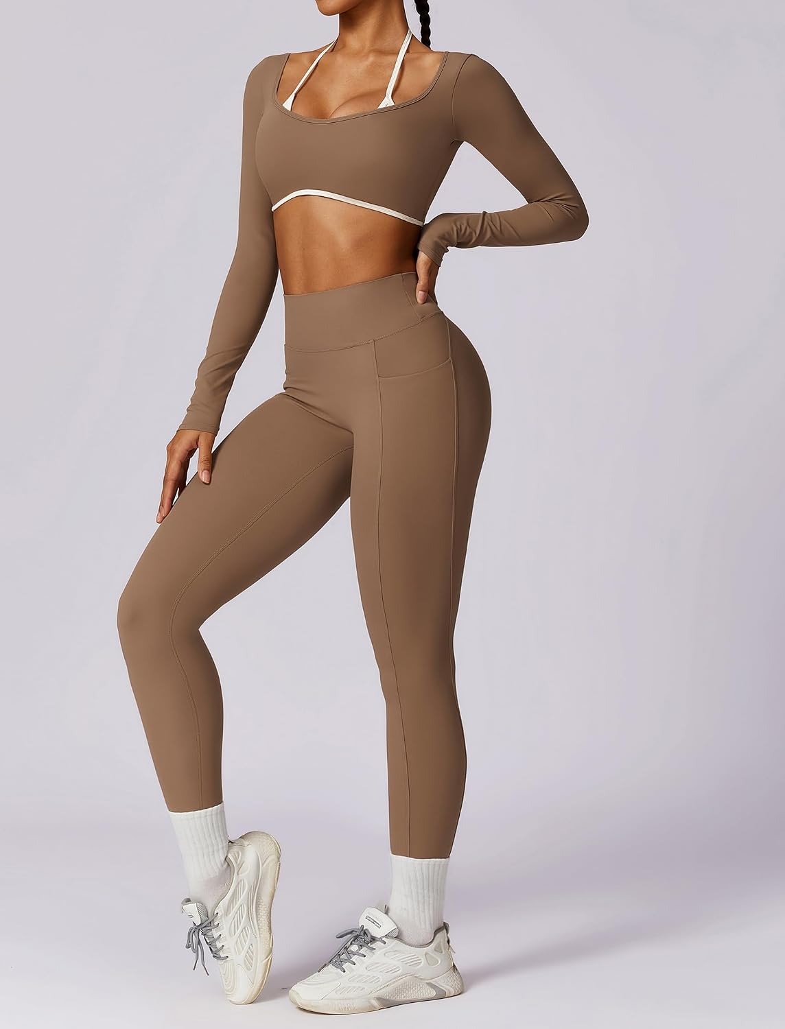 Women's Open Back Crop Top Leggings Set with Pocket