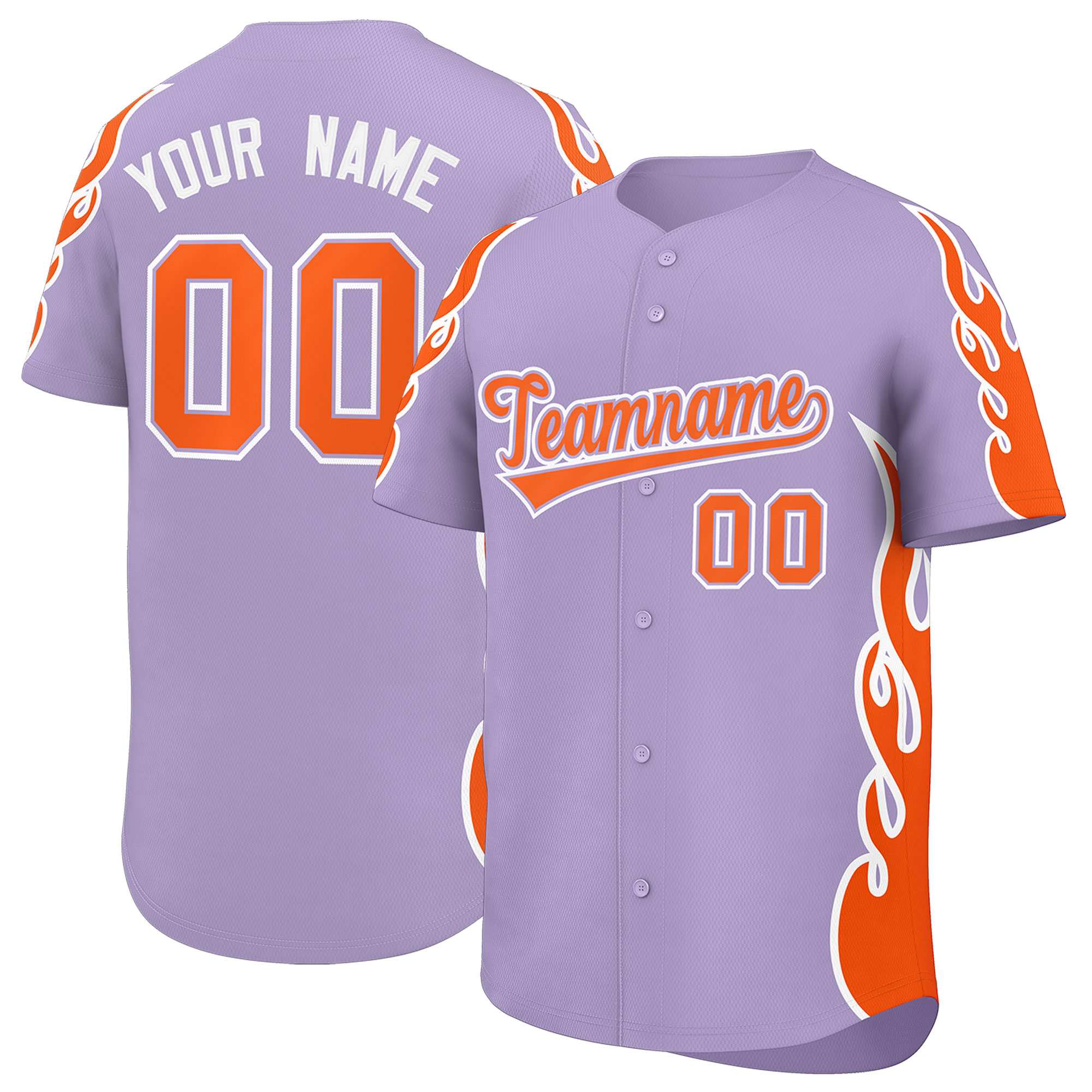 Benutzerdefiniertes hellviolettes orangefarbenes Seitenflammen-Umrissmuster-Sportuniform-Baseball-Trikot