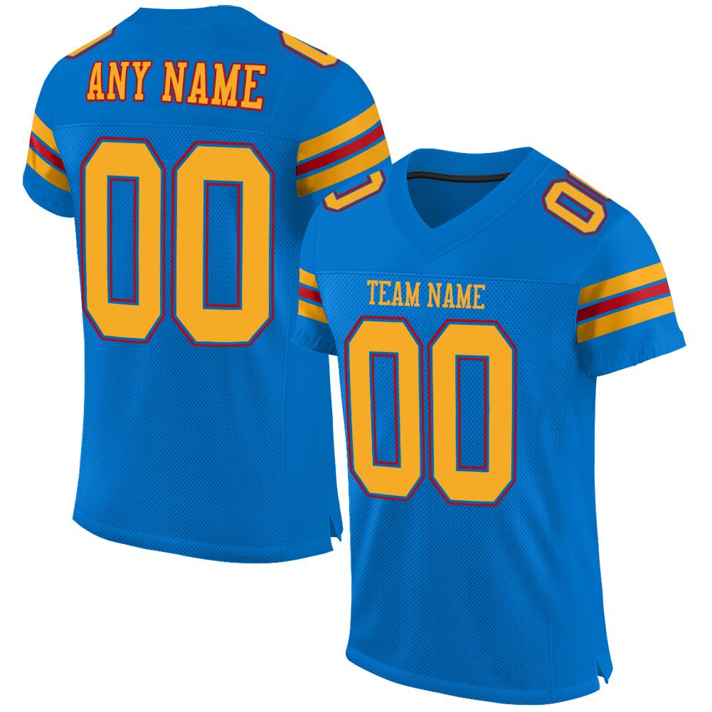 Maßgeschneidertes authentisches Panther-Fußballtrikot aus Mesh in Blau, Gold und Rot im klassischen Stil