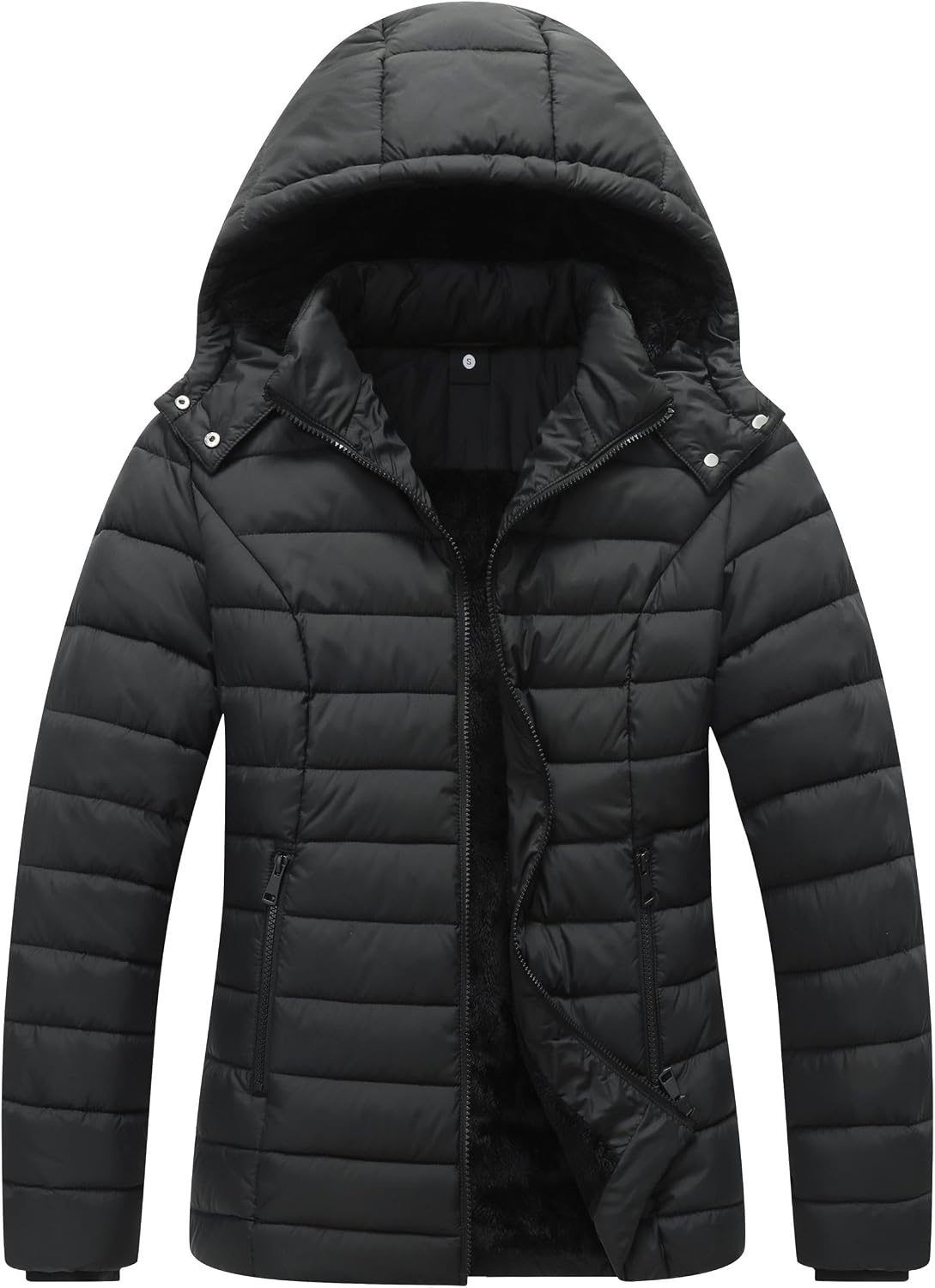 Women's Hooded Quilted Puffer Coat Fleece Lined Black