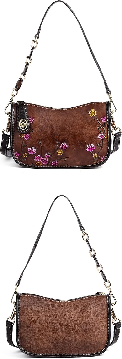 Women's Embroidered Floral Genuine Leather Shoulder Bag Brown Women's Embroidered Floral Genuine Leather Shoulder Bag Brown