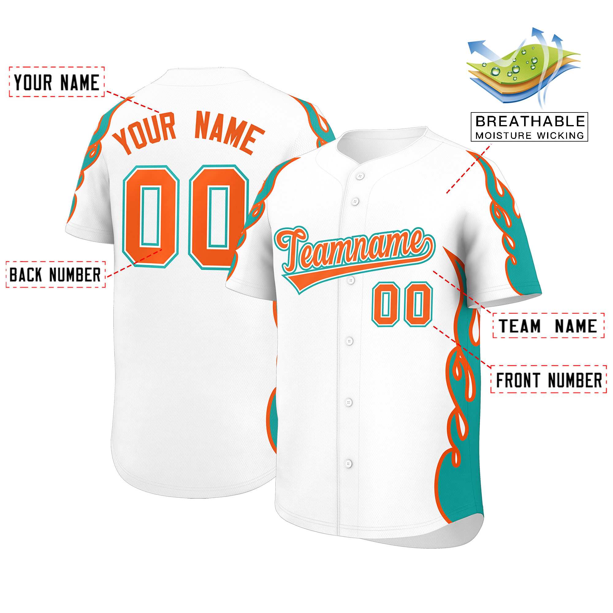 Benutzerdefiniertes Baseball-Trikot mit Seitenflammen-Umrissmuster für Sportuniformen