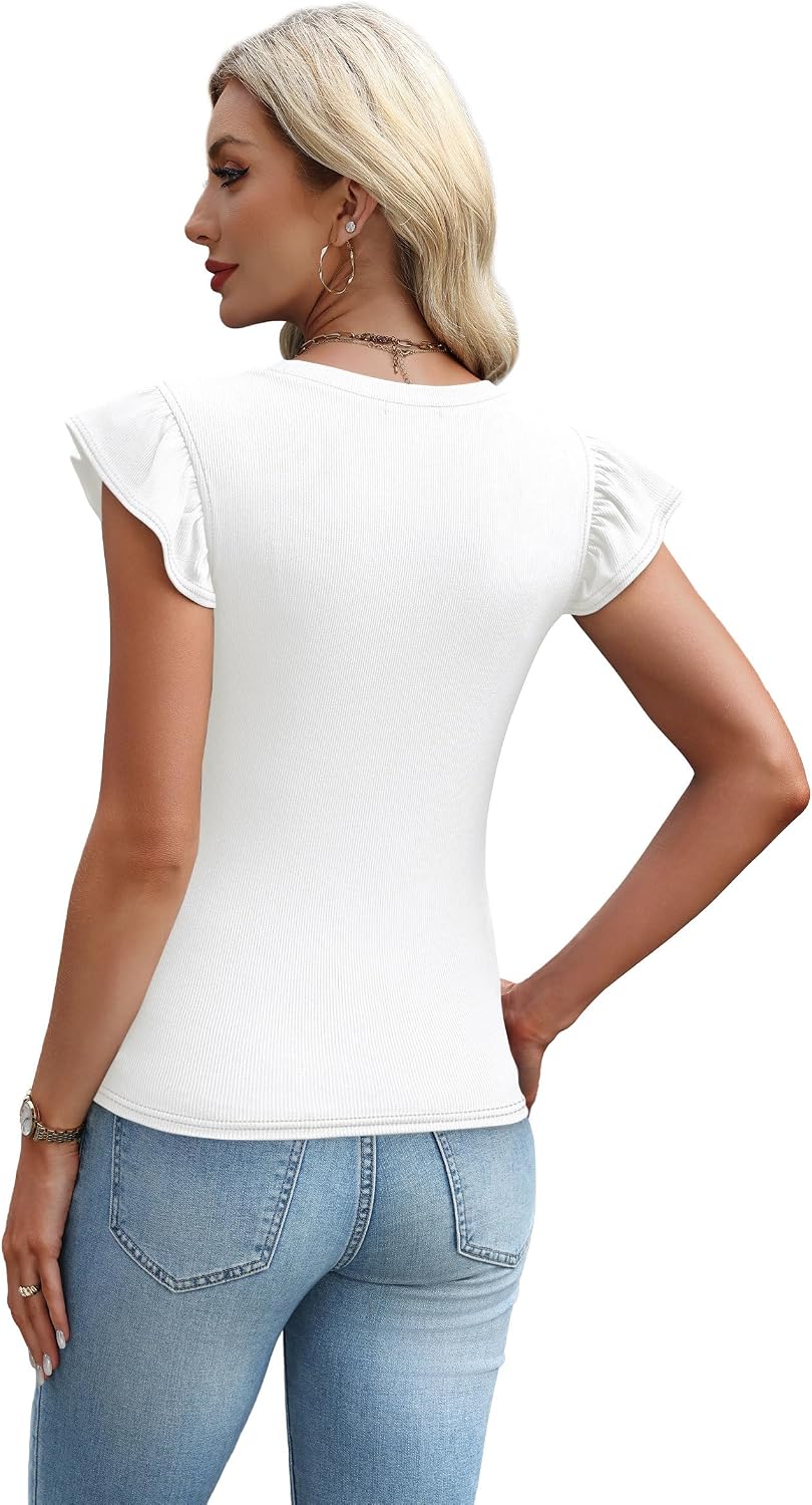 Women's Ruffle Trim Round Neck Ribbed Tank Top White Women's Ruffle Trim Round Neck Ribbed Tank Top White