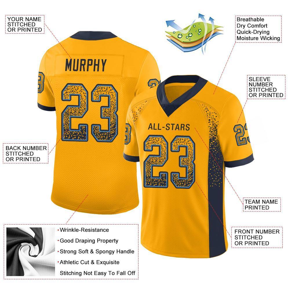 Benutzerdefiniertes authentisches Drift Fashion Mesh-Fußballtrikot in Gold, Marineblau und Puderblau