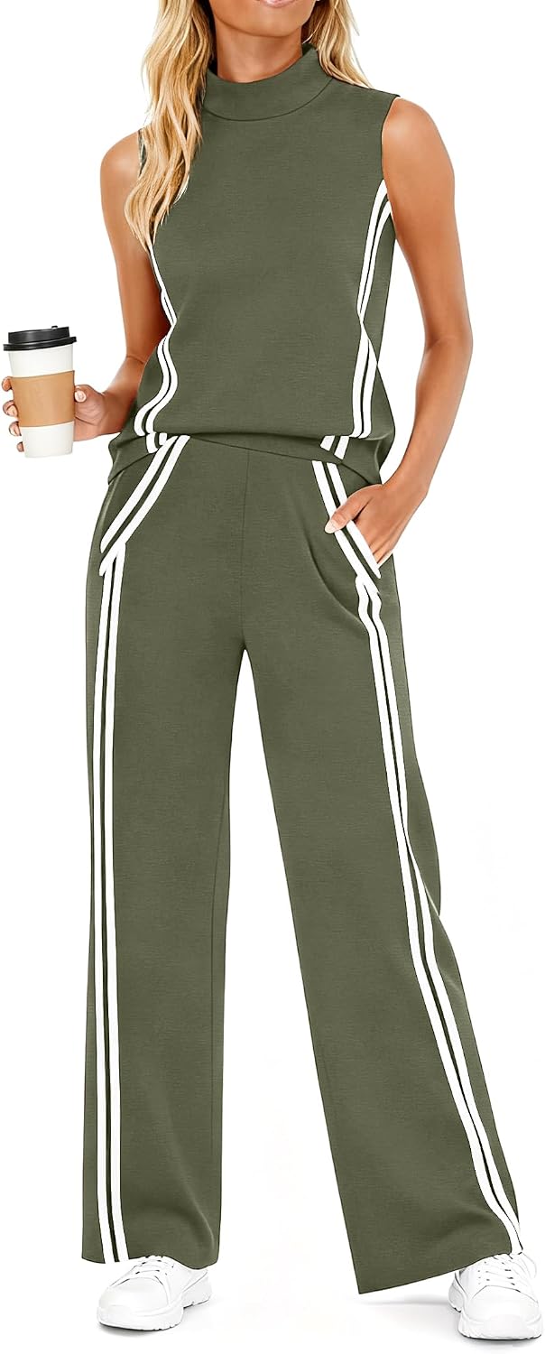 Women's Striped Tank and Wide Leg Pants Track Suit