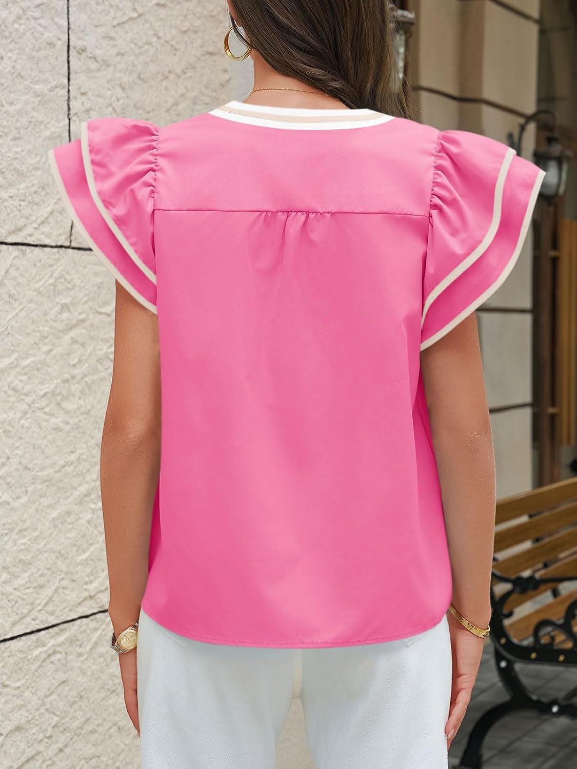 Women's Floral Print Blouse Flutter Sleeve V Neck Pink Women's Floral Print Blouse Flutter Sleeve V Neck Pink