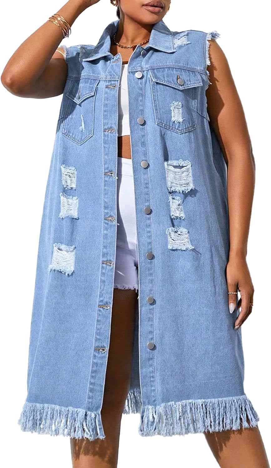Women's Distressed Long Denim Vest Fringe Hem Button Down
