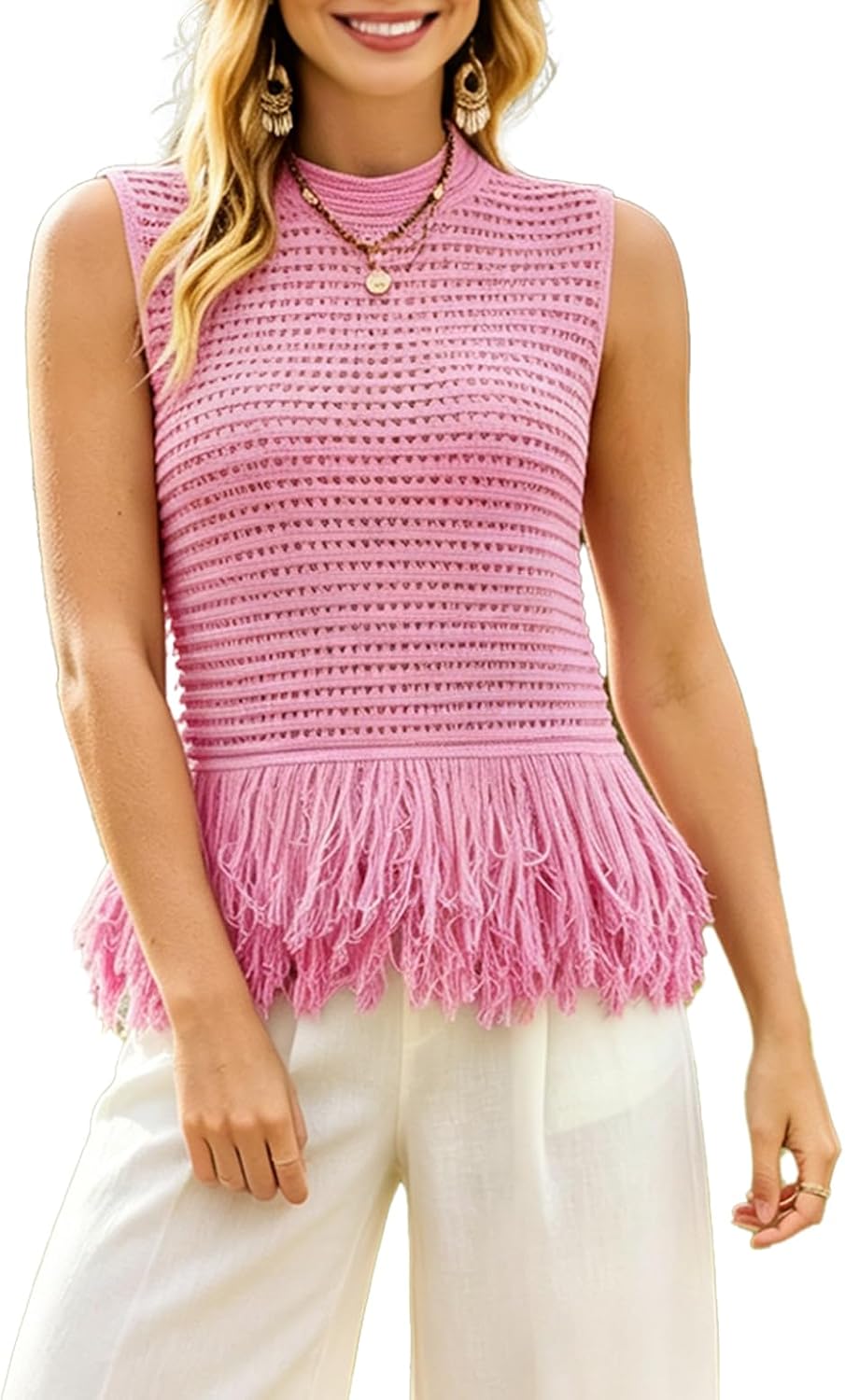Womens Crochet Fringe Sweater Vest Top Sleeveless Crew Neck Open Knit Boho Crop for Beach Going Out