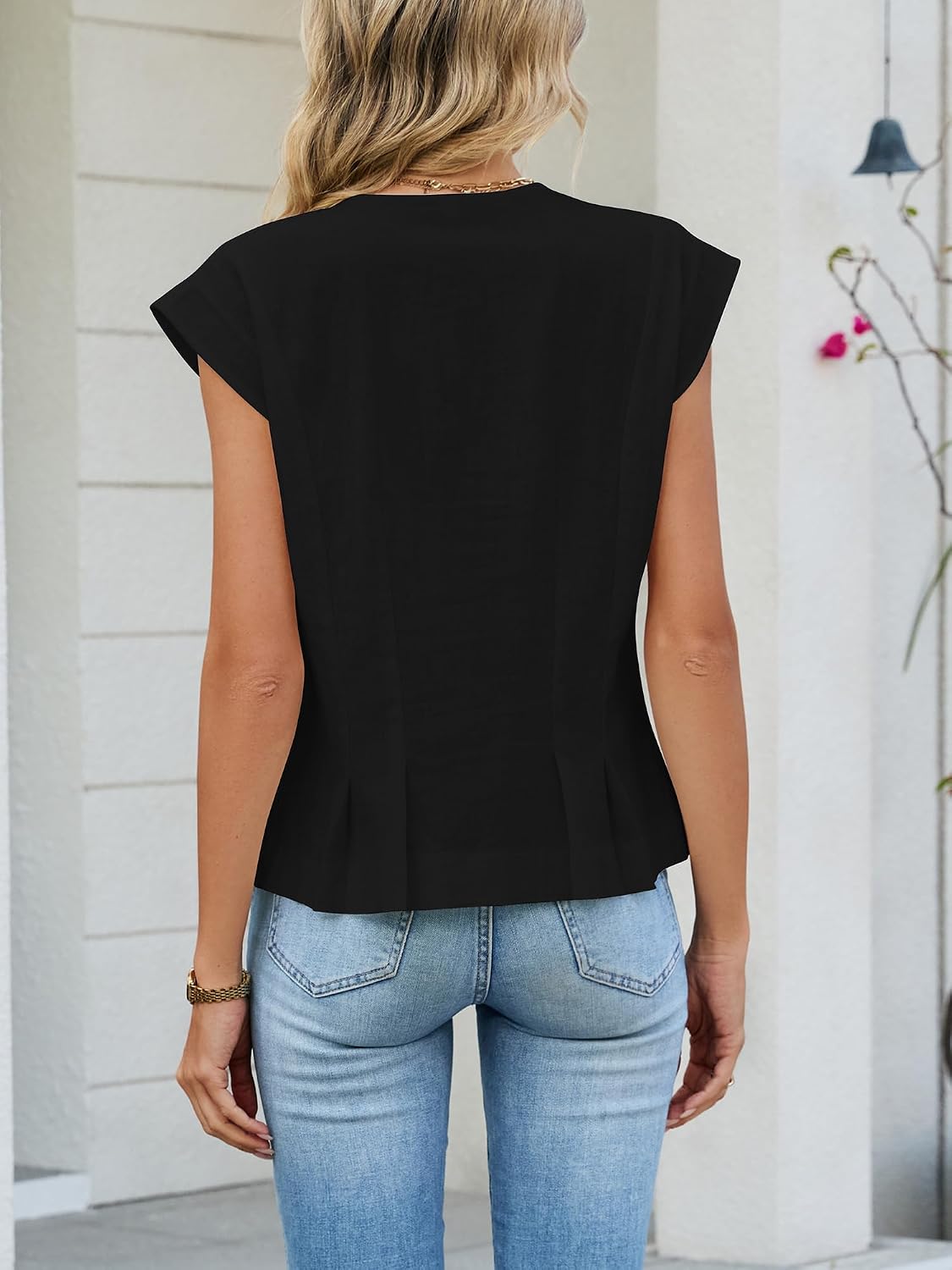 Women's Sleeveless Tank Blouse Button Front V Neck Black