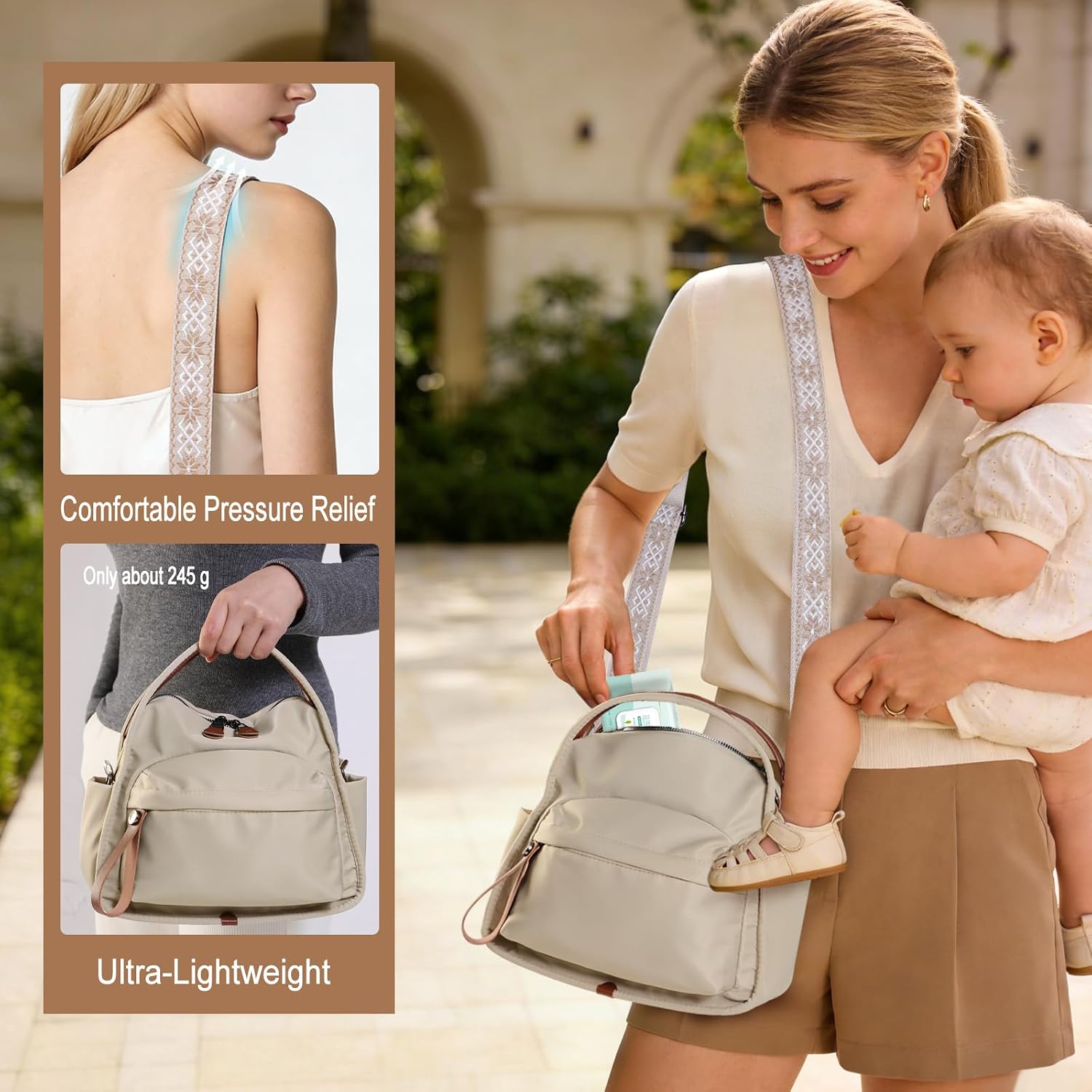 Women's Water-Resistant Nylon Top-Handle Crossbody Bag, Beige Women's Water-Resistant Nylon Top-Handle Crossbody Bag, Beige