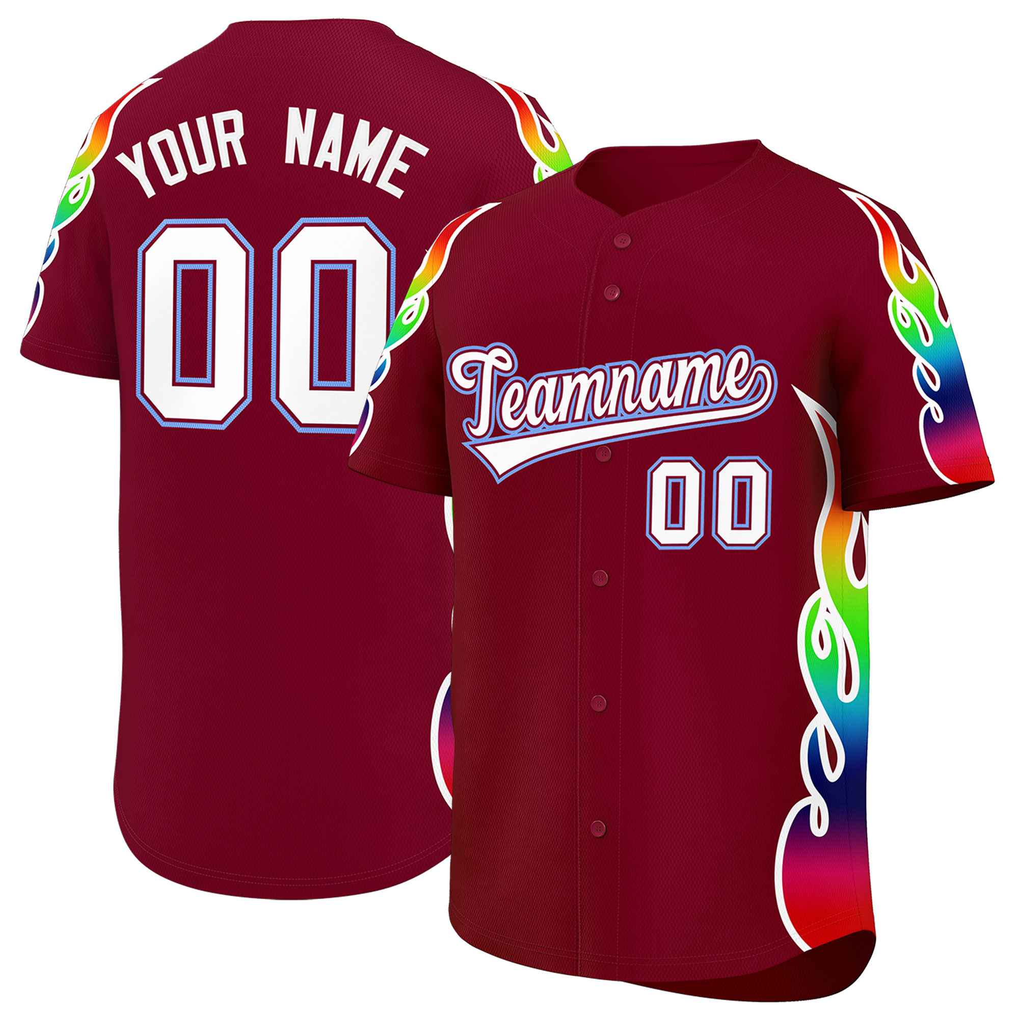 Benutzerdefiniertes Graffiti-Muster, personalisierter mehrfarbiger Flammendruck, authentisches Baseball-Trikot