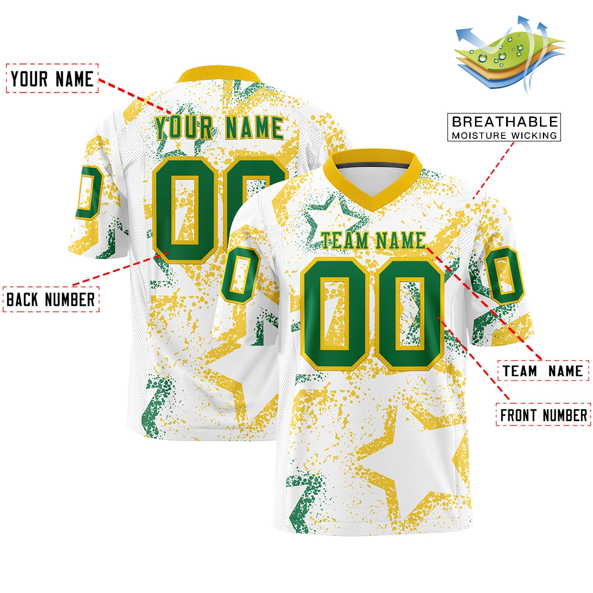 Benutzerdefiniertes Weißgold-Kelly-Grün, personalisiertes Star-Graffiti-Muster, authentisches Fußballtrikot