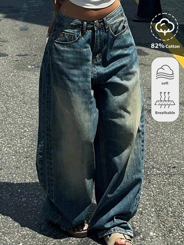 Mode und Freizeit für Mädchen, cooler Retro-Street-Style, einfacher Basic-Style, bequeme blaue Baggy-Jeans im Retro-Stil für die Schulanfangssaison, die College-Saison, weich und bequem, geeignet für den Alltag, Herbst und Winter, Rave-Partys, Freizeit zu