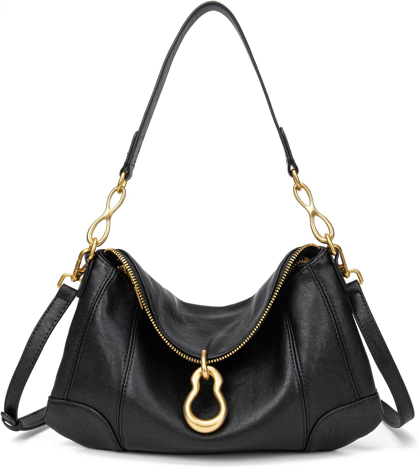 Women's Black PU Hobo Shoulder Bag Gourd Charm