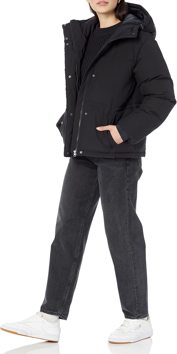 Women's Short Hooded Puffer Jacket Adjustable Waist Black