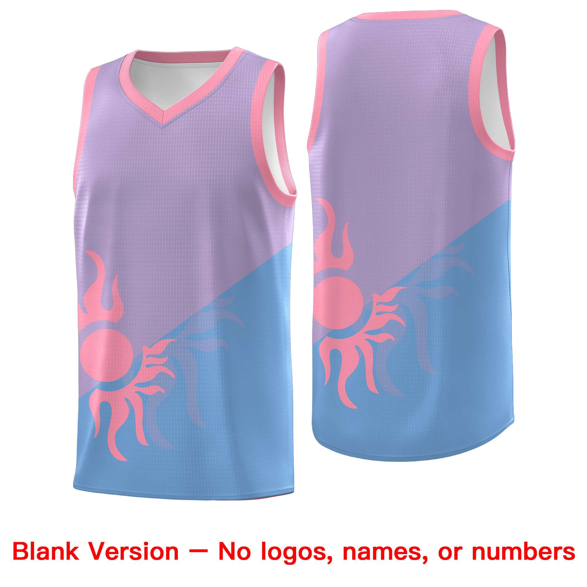 Maßgeschneidertes, zweifarbiges, drapierbares Uniform-Basketballtrikot im Sunburst-Design in hellviolettem Puderblau